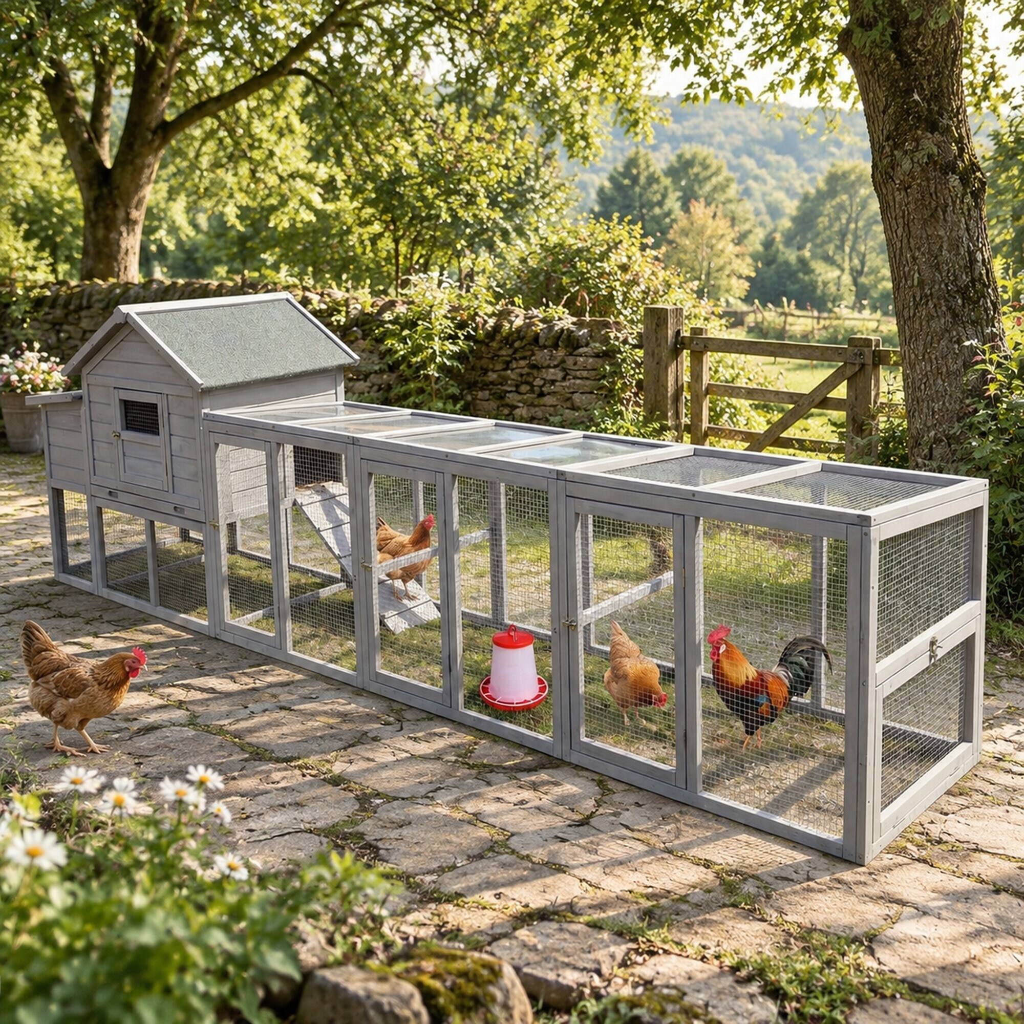 Angle. RYHNUYNE - 141 in Wooden Chicken Coop, Outdoor Hen House, Nesting Box, Waterproof Anti-UV Panel, Wire Fence.