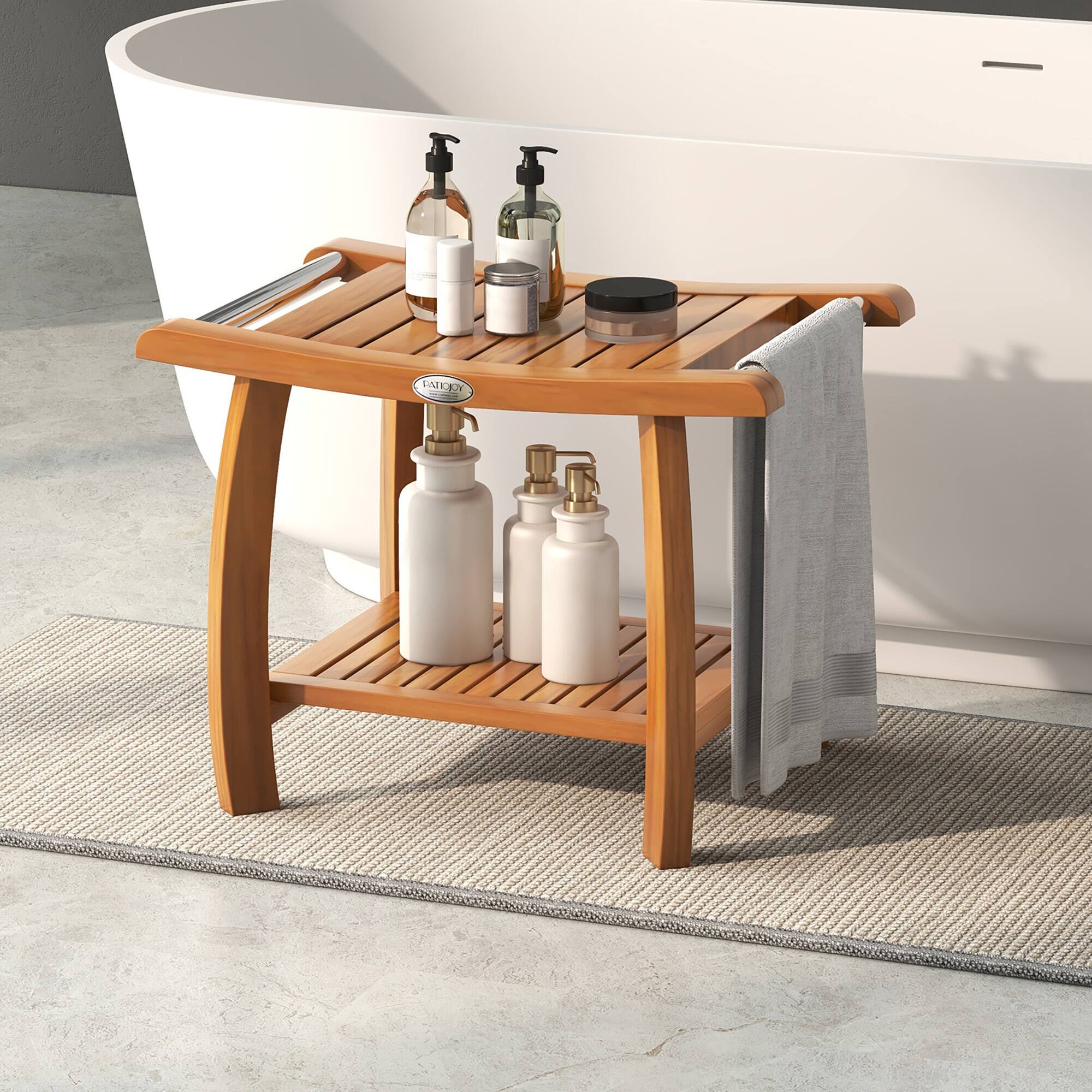 Alt View 1. Gymax - Gymax Teak Wood Shower Bench 2-Tier Wooden Shower Stool w/ Curved Seat Handles Large - Natural.