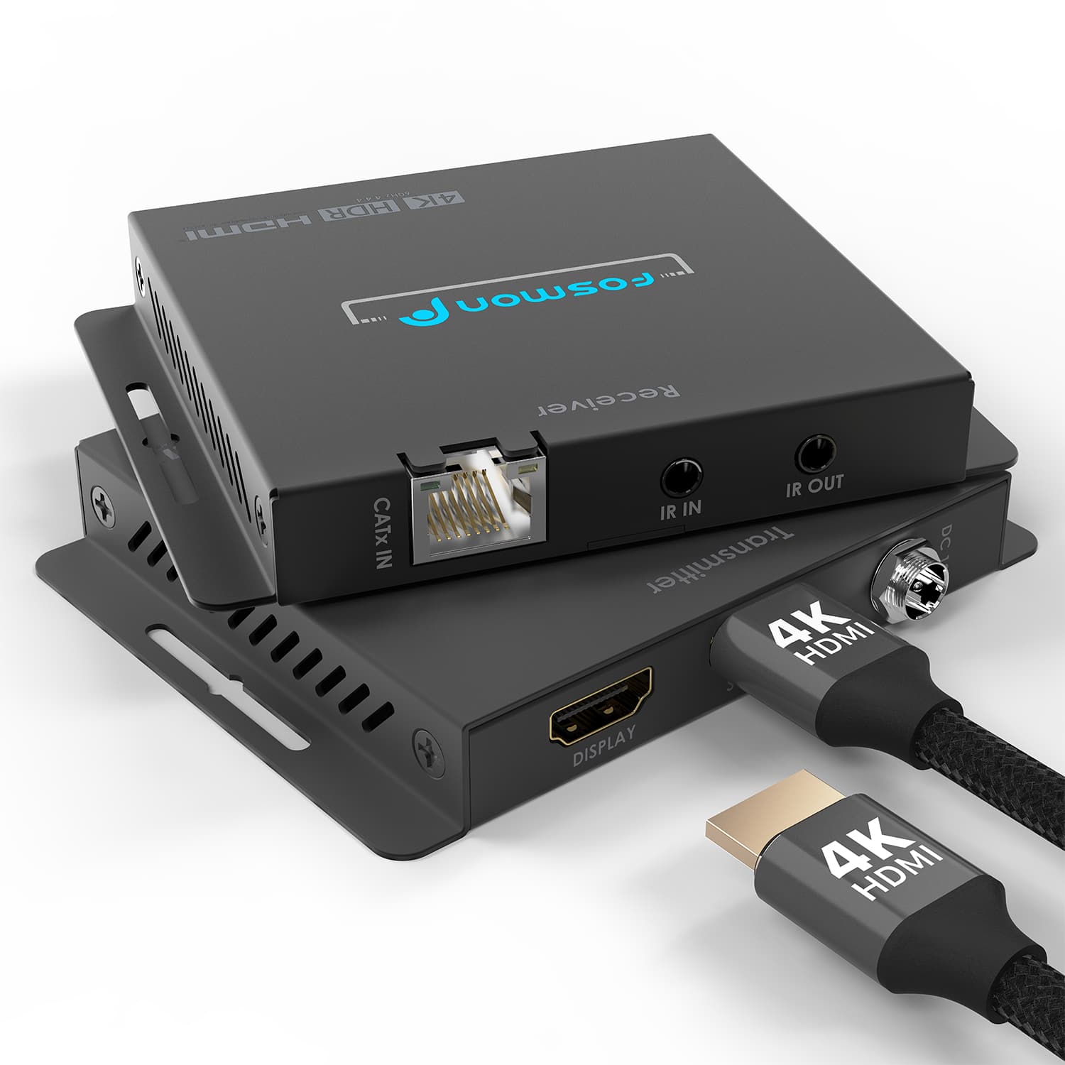 Fosmon - 2-Port 4K HDMI Extender Splitter Over Cat6a/7 Ethernet Cable Up to 230ft, 1 in 2 Out HDMI Splitter with AC Adapter, POC - Black