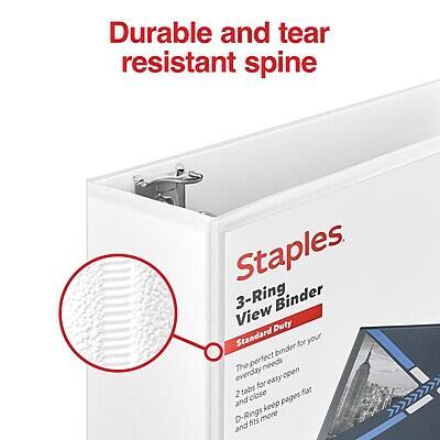 Durable and tear resistant spine

Staples 3-Ring View Binder
Standard Duty

The perfect binder for your everyday needs
- Easy to open
- 2 tabs for easy organization
- D-Rings keep pages flat and secure
- Fits more and stays organized