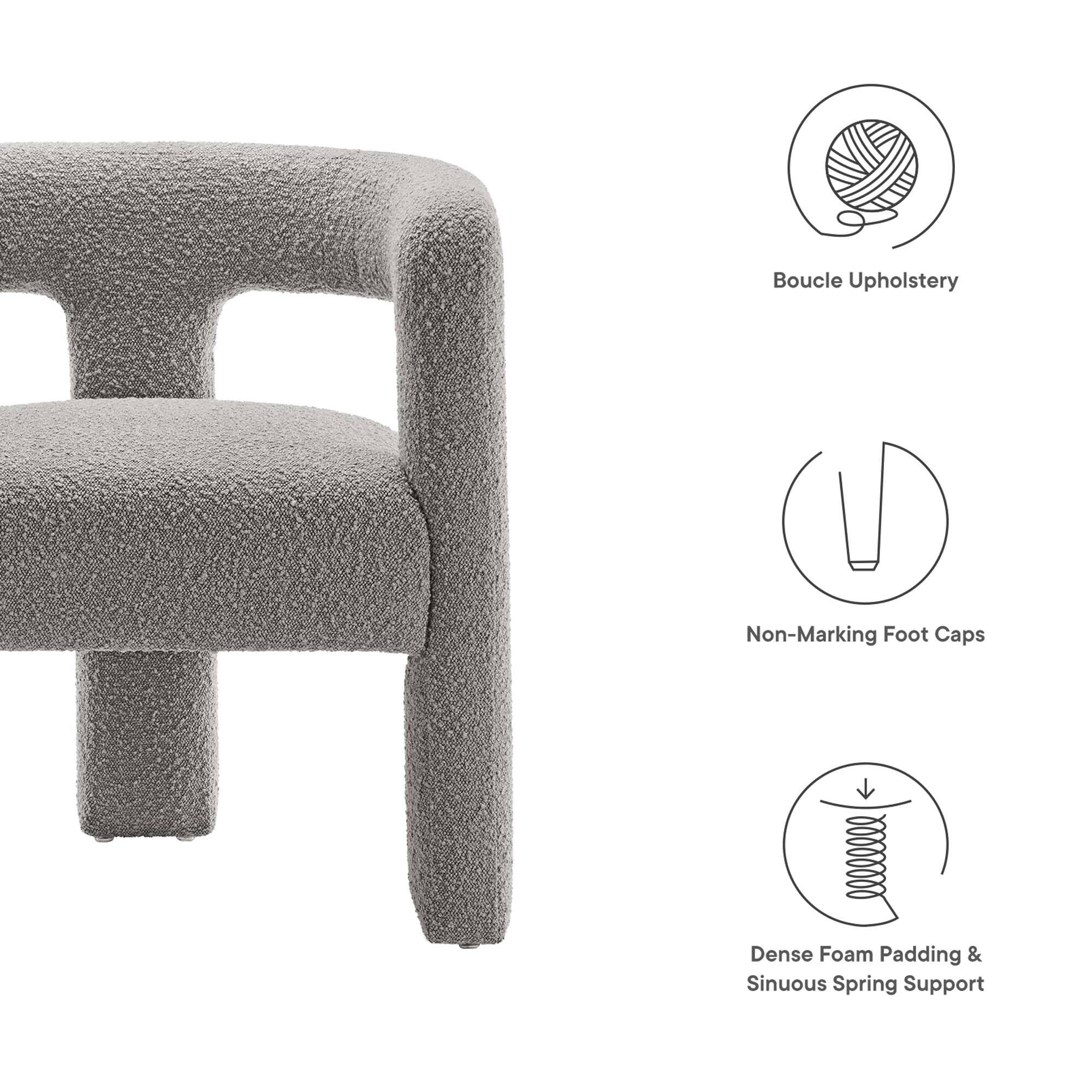 - Boucle Upholstery
- Non-Marking Foot Caps
- Dense Foam Padding & Sinuous Spring Support