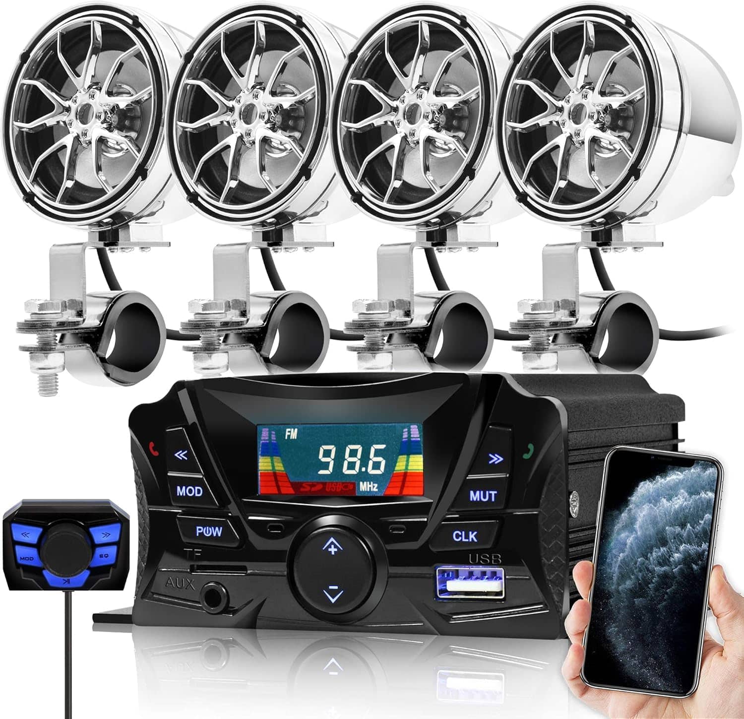 GoHawk - Bluetooth Motorcycle Speakers, 4-Speaker Waterproof Stereo Audio System w/ Amp FM Radio, USB, SD for ATV Golf Cart - Chrome