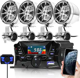 GoHawk - Bluetooth Motorcycle Speakers, 4-Speaker Waterproof Stereo Audio System w/ Amp FM Radio, USB, SD for ATV Golf Cart - Chrome