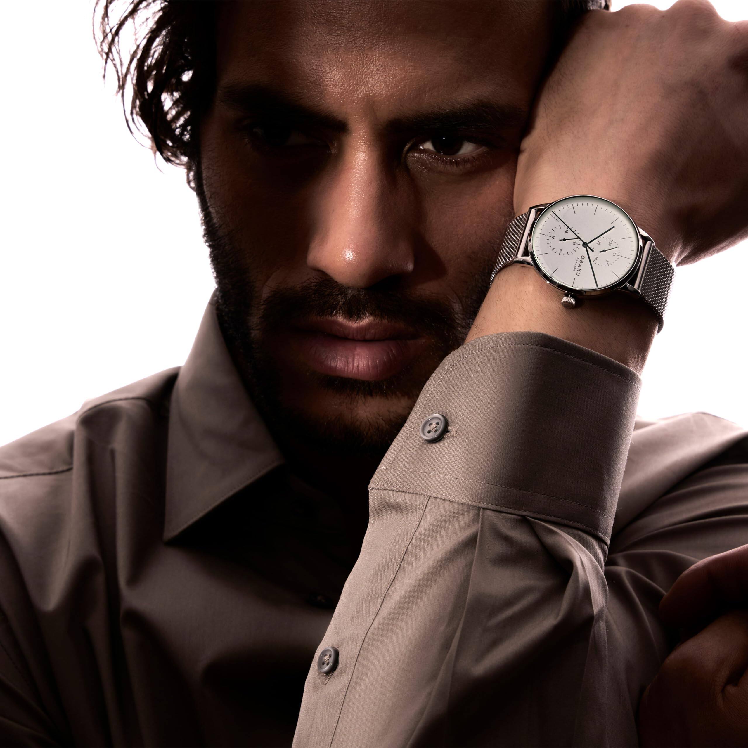 Alt View 1. Dakota - Obaku Eik Steel Men’s Watch, Multifunction with Date & 24-Hour Subdials, 40mm Stainless Steel Case, Scratch-Resistant Mi - Steel.