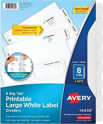 Avery - Big Tab Printable Paper Dividers with Large Labels, 8 Tabs, 4 Sets/Pack - White