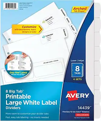 Sure, here is the corrected and grouped text from the image:
---
**Avery 14439**
**8 Big Tab™ Printable Large White Label Dividers**
- Customize with descriptions, logos, designs, or color
- Arched Tab Shape!
- Easy Peel Labels with the Pop-Up Edge™
- Laser | Inkjet
- 8 Tabs
- 4 Sets
- More room to customize your divider tabs
- Fast, easy tab labeling - no inserts needed
- Free Easy-To-Use Avery® Templates
- www.avery.com/templates
**Features:**
- Schedule
- Calendar
- Budget
- Notes
**Made in Mexico**
---
This text is organized to reflect the key features and details from the image.