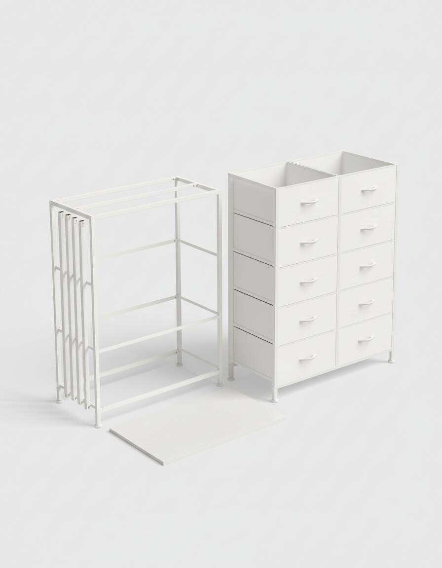 Back. AOITUN - Tall 10-Drawer Fabric Dresser, White Vertical Storage Tower with Metal Frame, Chest of Drawers for Bedroom Closet. - White.