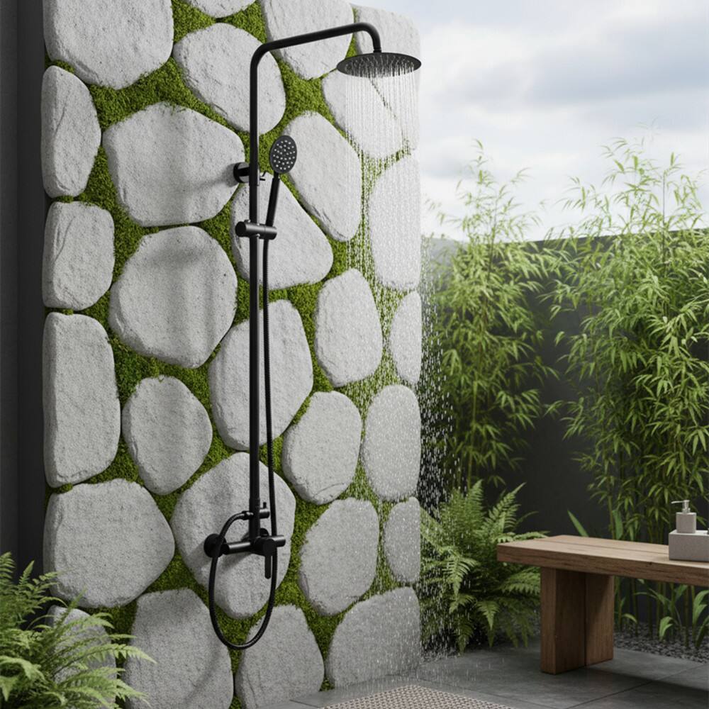 Alt View 1. Dazzed Corner - Dual Function Wall-Mounted SUS304 Outdoor Shower Faucet Set - Matte Black.