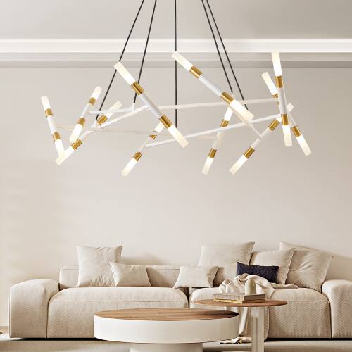 Angle. LUCKY ONE - 41in Hanging Branch Chandelier, 20-Light White Gold Modern Pendant for Dining Room Kitchen Island - White.