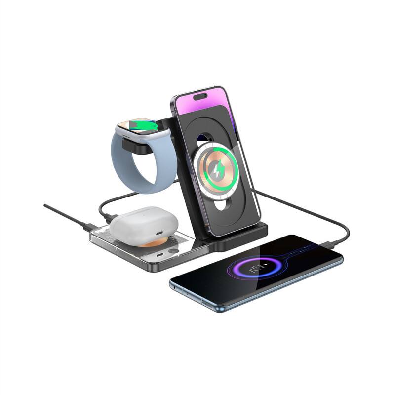 Angle. RISOKEYS - 3-in-1 Wireless Charger - Power Charger with Magnetic Charging Stand and Night Light for Phone,Earphones & Galaxy Watch - Black.