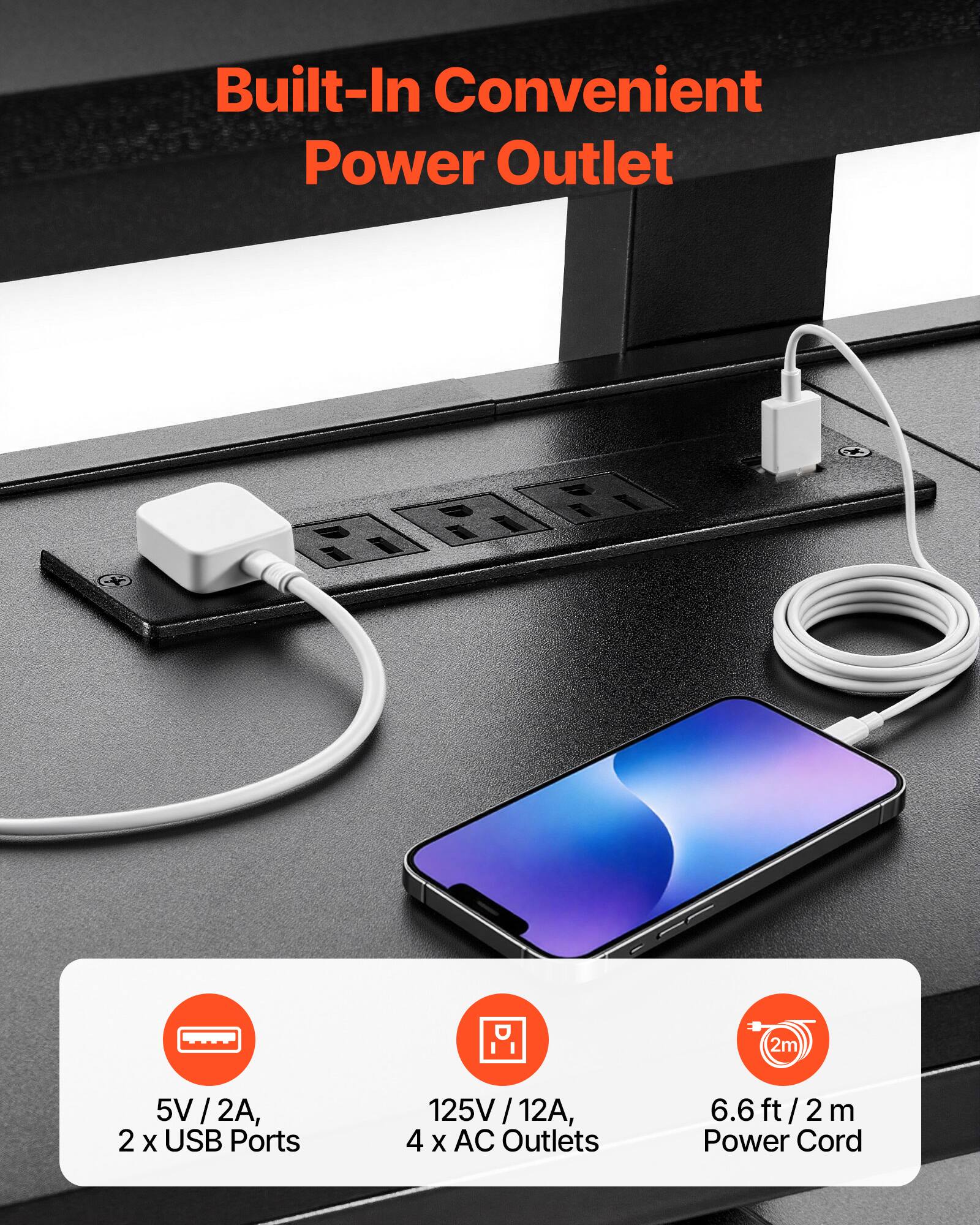 Built-In Convenient Power Outlet  
2m 5V 5V/2A, 2 X USB Ports 125V 25V /12A / 4 X AC Outlets 6.6 ft / 2 ft / 2 m Power Cord