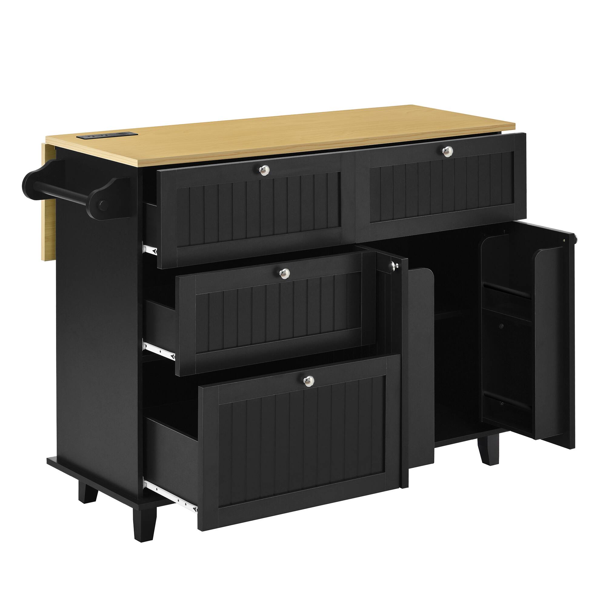 Alt View 7. Forest'nSky - Farmhouse Kitchen Island with Drop Leaf & 2 Seats, Storage Cabinet with Drawers & Power Outlet, Black - Black.
