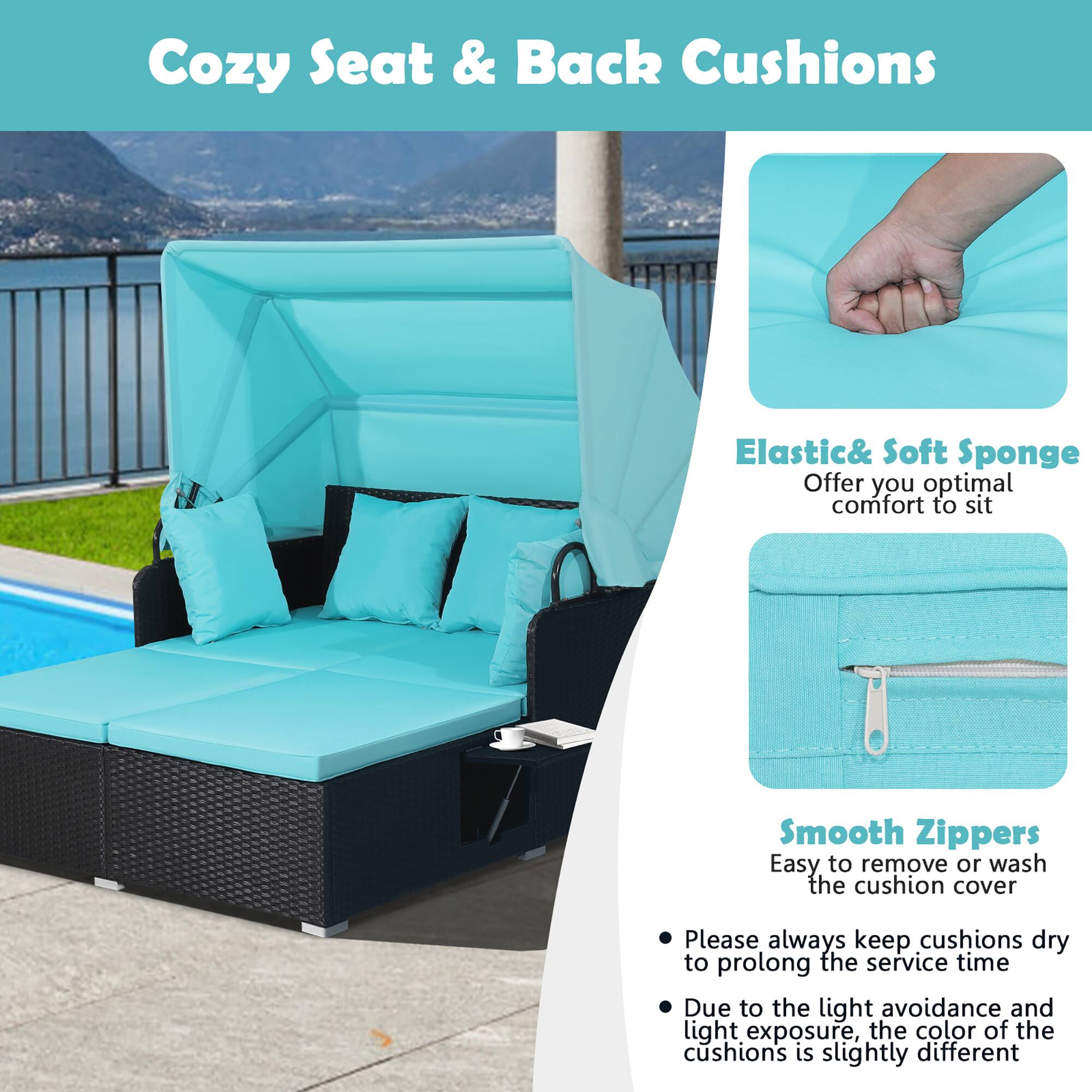 Cozy Seat & Back Cushions: Elastic & Soft Sponge Offering Optimal Comfort to Sit. Smooth Zippers for Easy Removal or Washing of Cushion Cover. Please Always Keep Cushions Dry to Prolong Service Time. Due to Light Avoidance and Light Exposure, the Color of the Cushions May Slightly Differ.