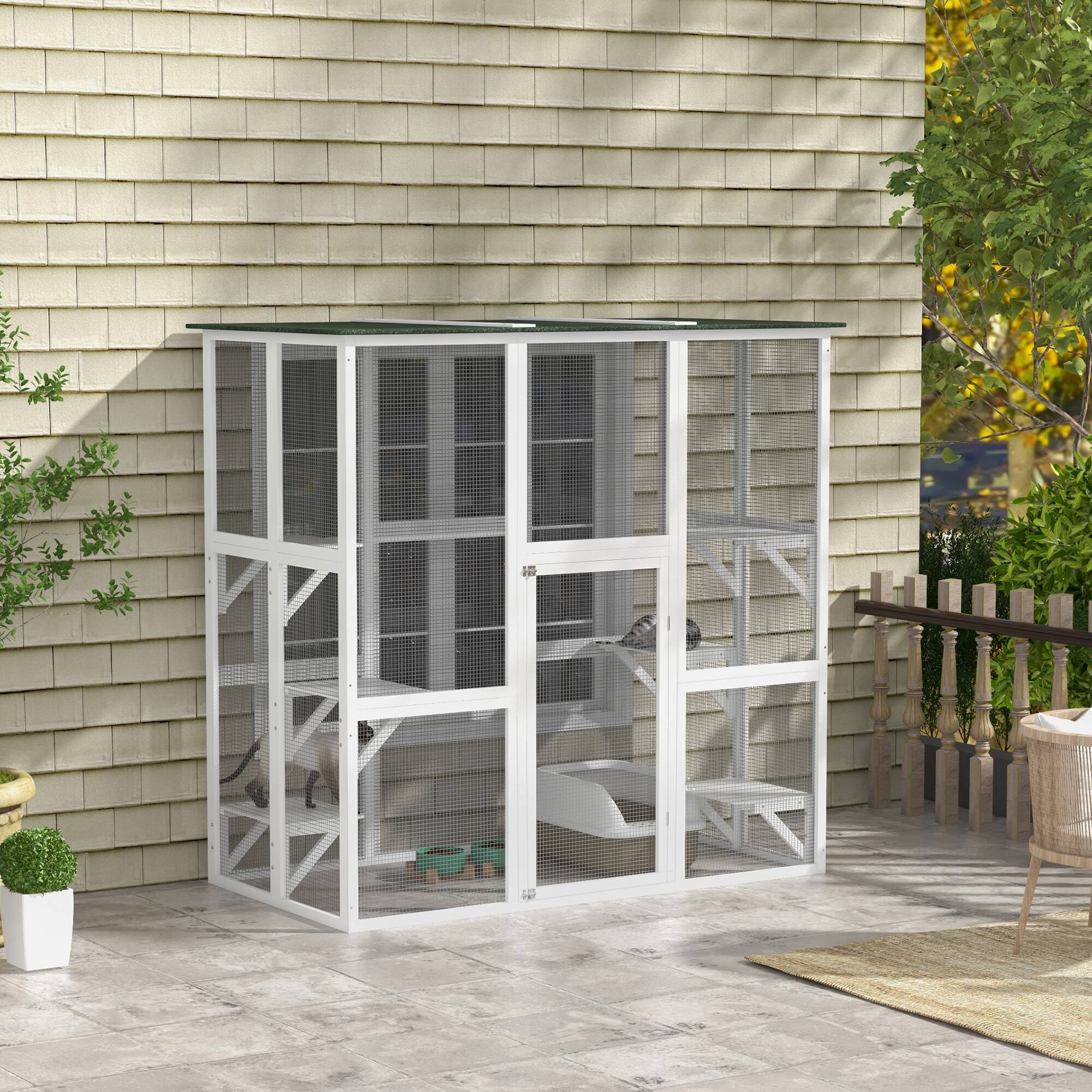 Angle. Pawhut - Outdoor Cat House Big Catio, Wooden Shelter Enclosure, Spacious Interior, Weather Protection Roof, 71" L.