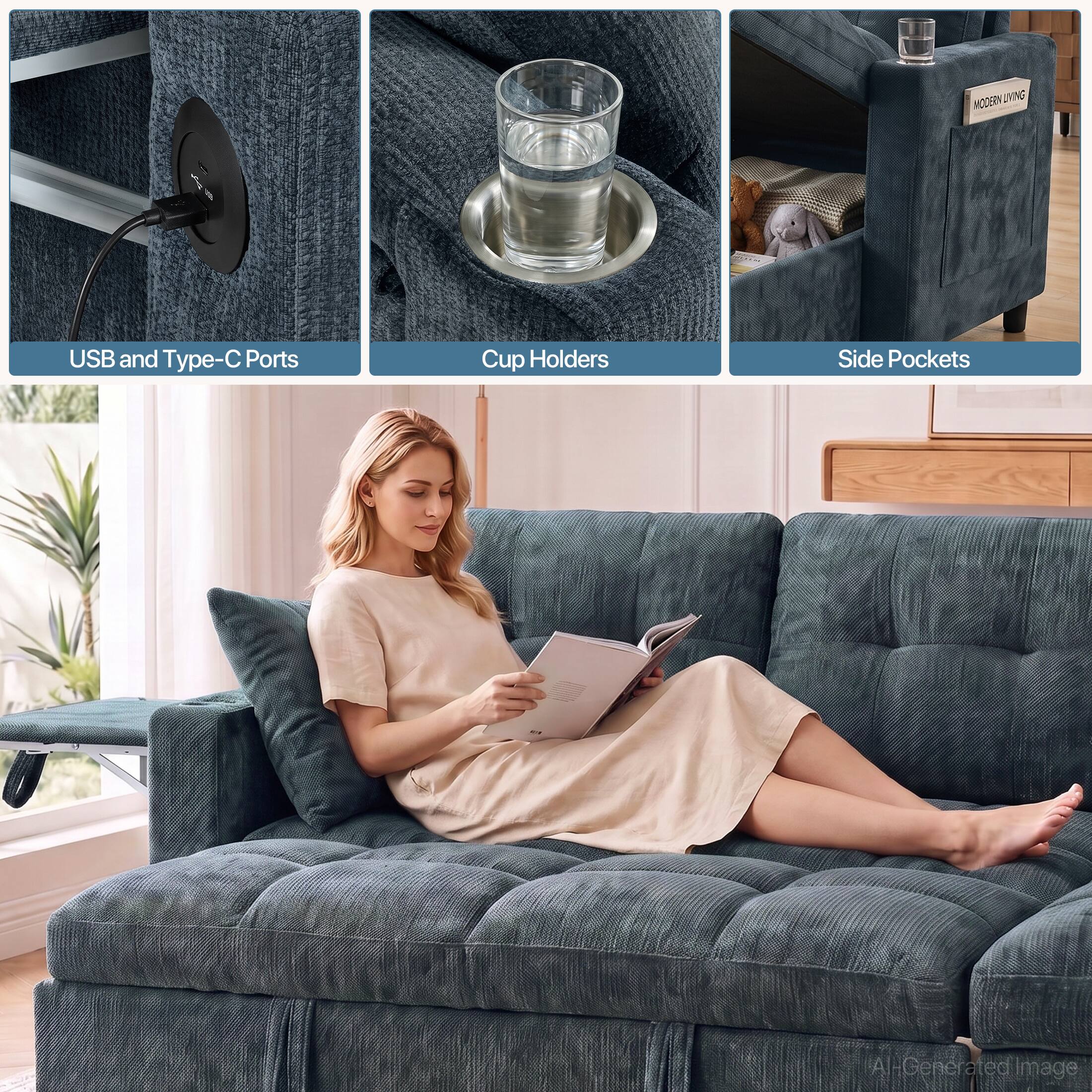 MODERN LIVING USB and Type-C Ports Cup Holders Side Pockets  
AI-Generated Image