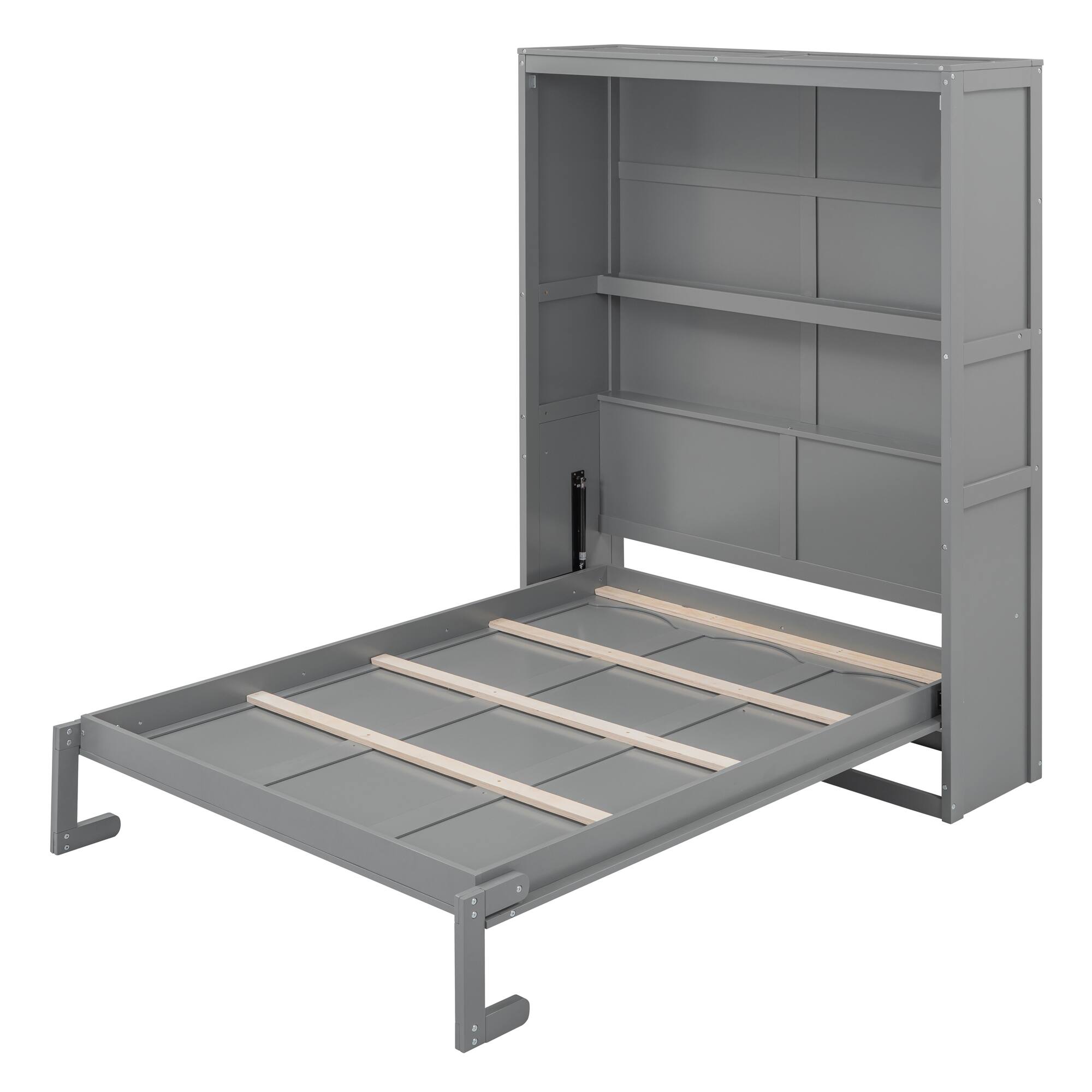 Left. Tiramisubest - Full Size Murphy Bed with Shelves, Gray, Solid Wood + MDF, Space-Saving - Gray.