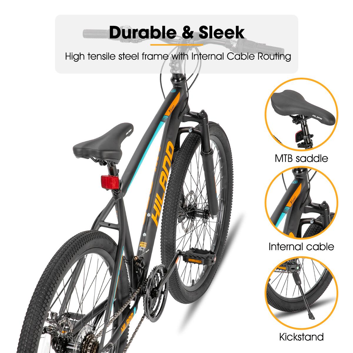 Durable & Sleek, High tensile steel frame with Internal Cable Routing, HILP MTB saddle, Internal cable, Kickstand