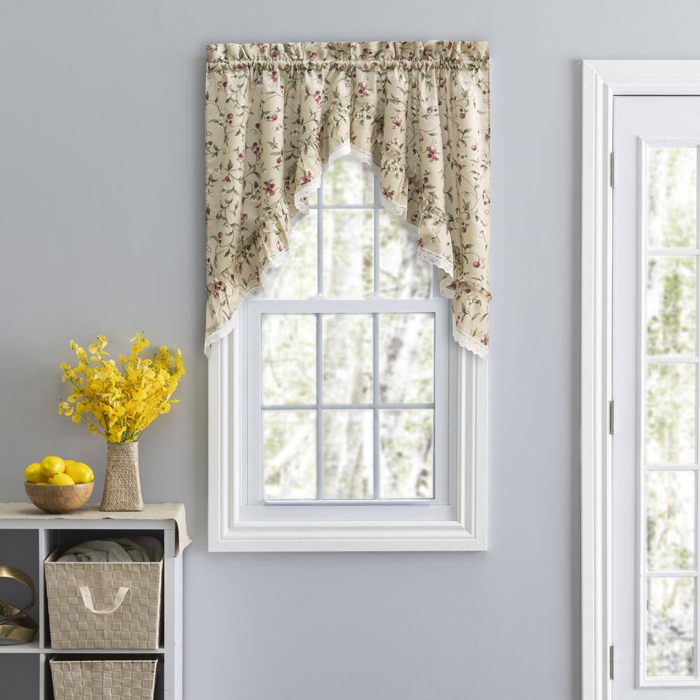Angle. Ellis Curtain - Ellis Curtain Cherries Ruffled 1.5" Rod Pocket Swag Lace Edge Window Curtain 58"x36" Natural - Natural.