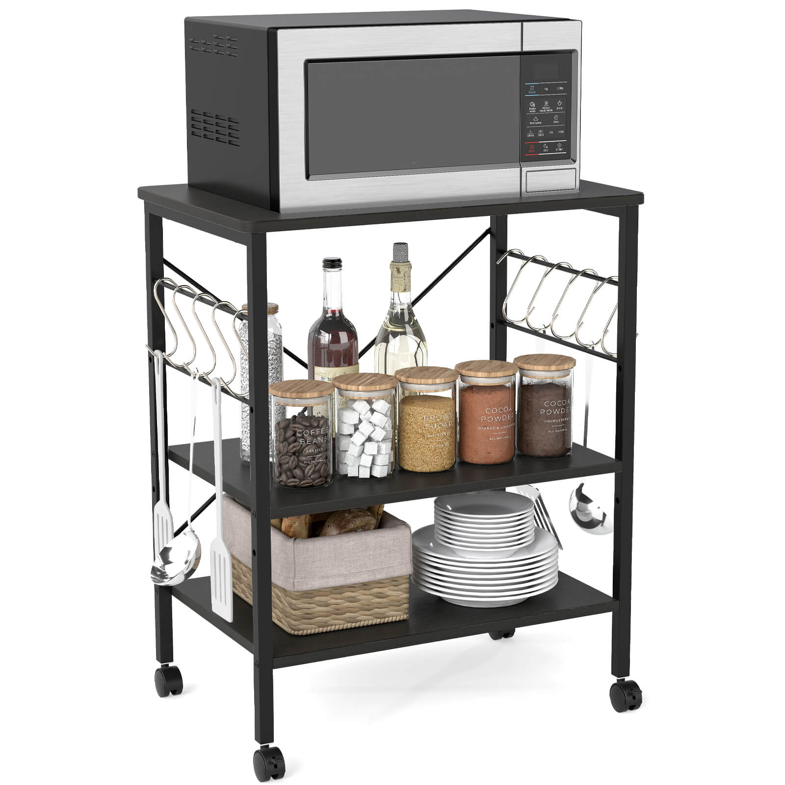 Costway - 3-Tier Baker's Rack Utility Serving Cart with 10 Removable Hooks, Lockable Casters - Black