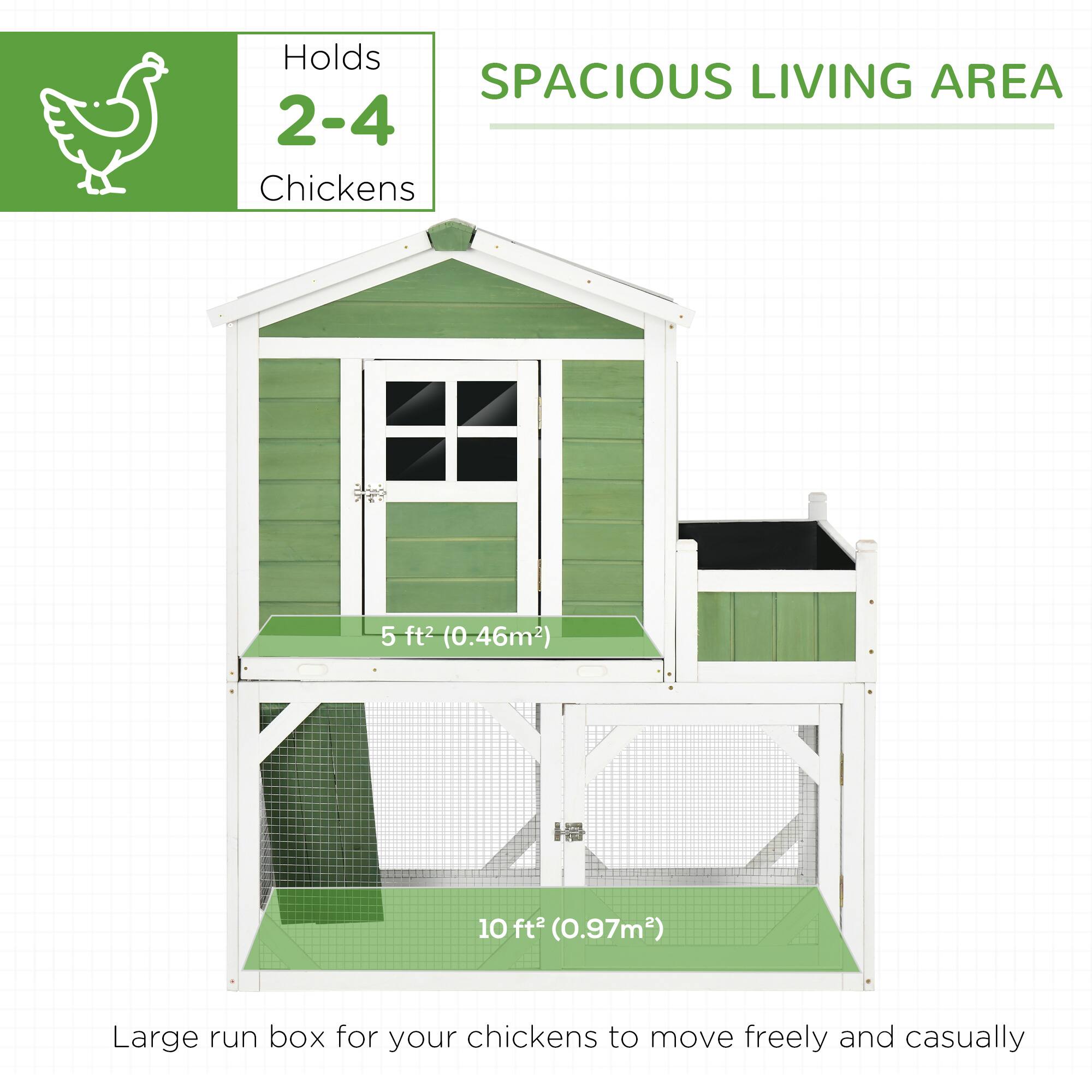 Holds 2-4 Chickens

SPACIOUS LIVING AREA

5 ft² (0.46m²)

10 ft² (0.97m²)

Large run box for your chickens to move freely and casually
