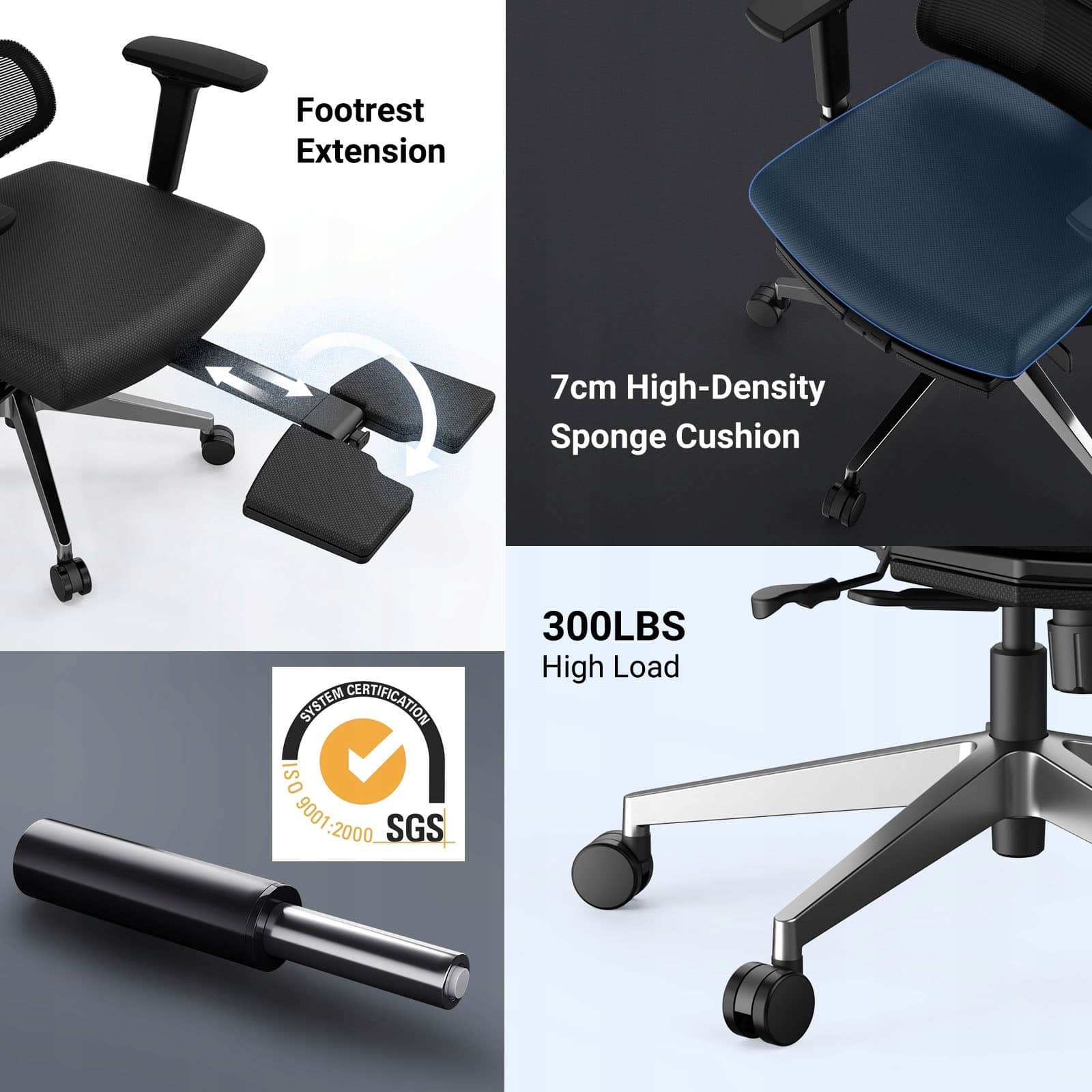 The image features a blue office chair with a footrest extension and a high-density sponge cushion. The chair is certified according to the ISO 9001:2000 standard and has been tested by SGS to meet the 300LBS high-load requirement. The footrest extension provides additional support and comfort for the user.