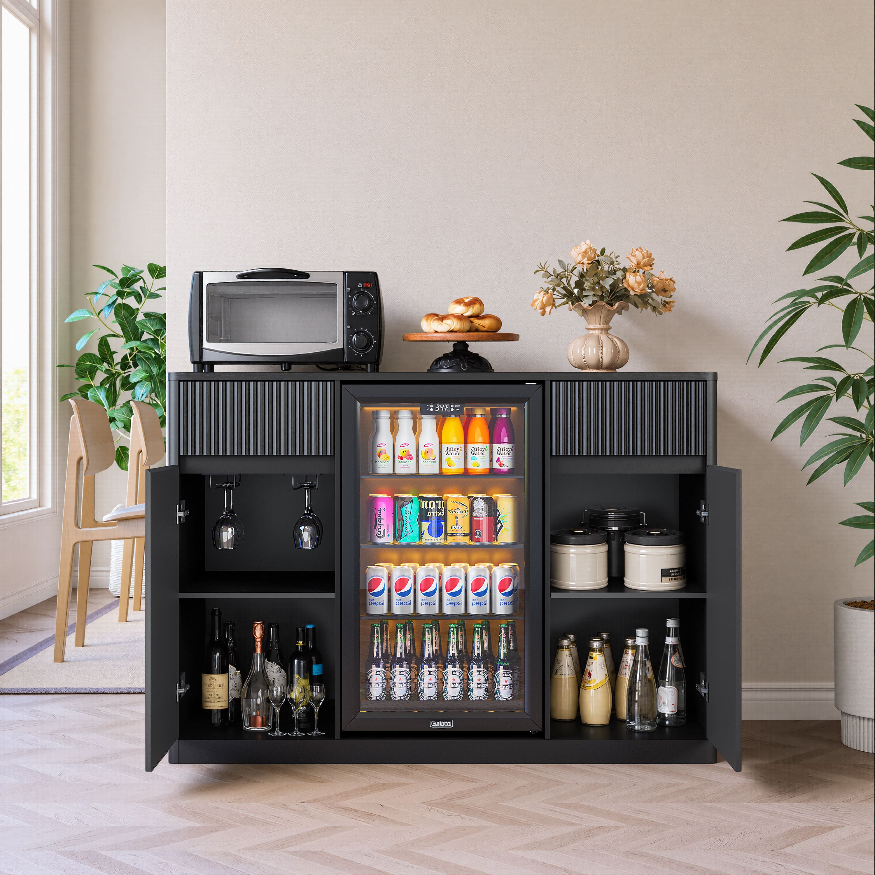 "Anysun - 53.2"" Fluted Buffet Wine Cabinet with Mini Fridge Nook, Charging Station & Adjustable Shelves, for Kitchen/Living Room - Black" price history on PriceWatchPro