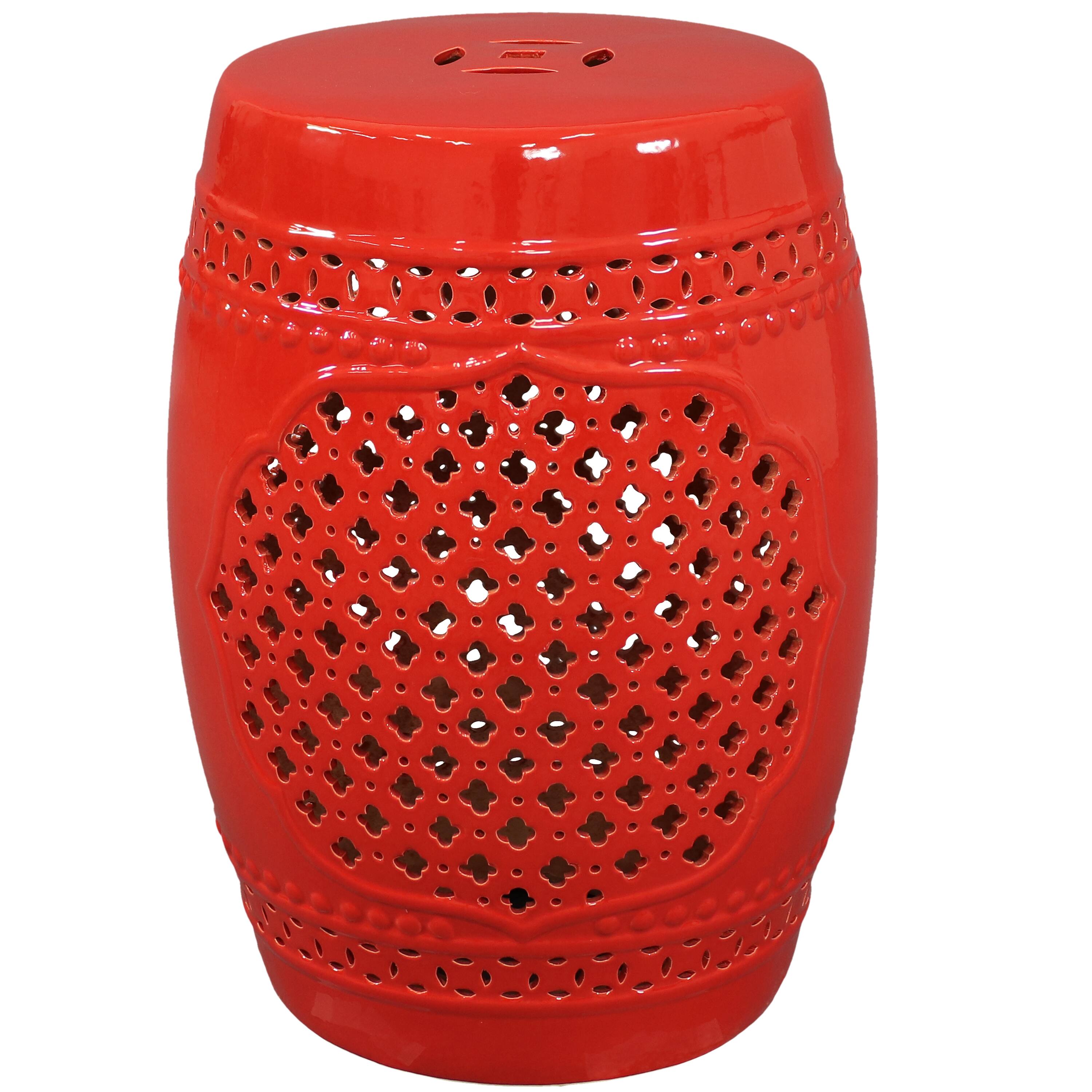 Front. Sunnydaze - 17.75 in Marrakesh Lattice Ceramic Glaze Garden Stool - Red.