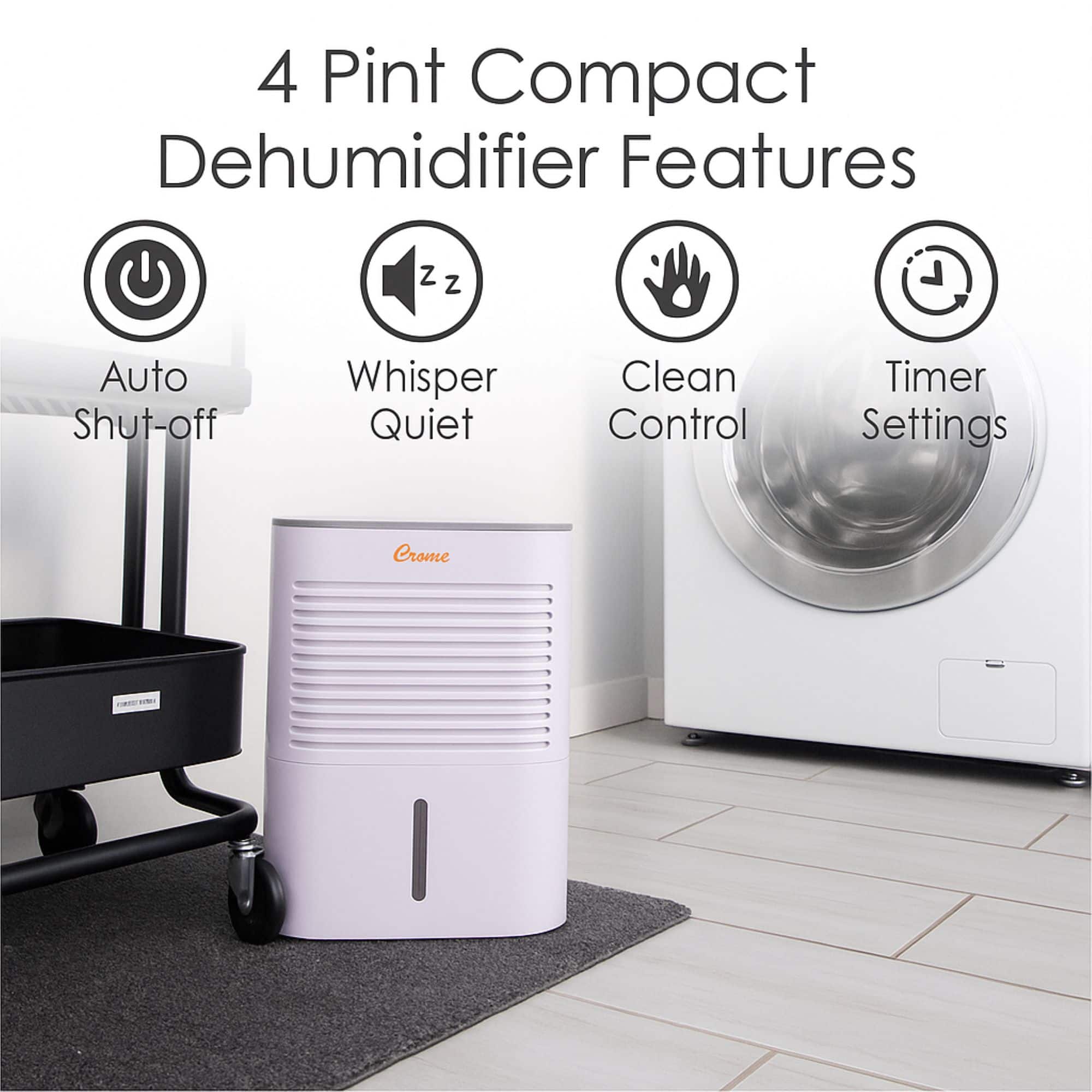 4 Pint Compact Dehumidifier Features: Auto Shut-off, Whisper Quiet, Clean Control, Timer Settings.