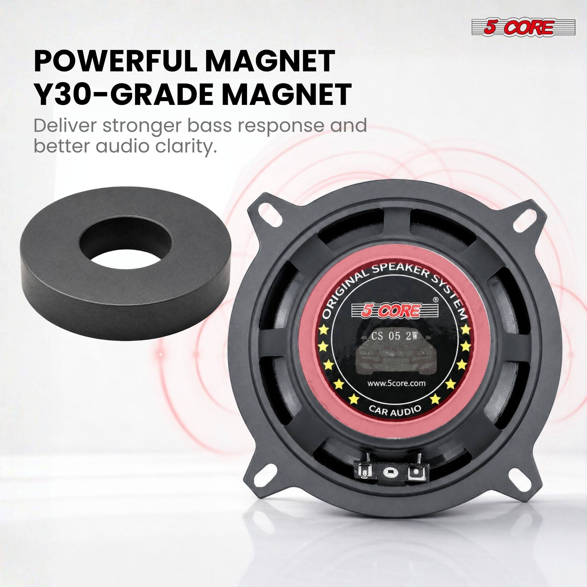 POWERFUL MAGNET  
Y30-GRADE MAGNET  
Deliver stronger bass response and better audio clarity.  

5 CORE  
SPEAKER  
ORIGINAL 5-CORE CS 05 2W SYSTEM  
www.5core.com  
CAR AUDIO