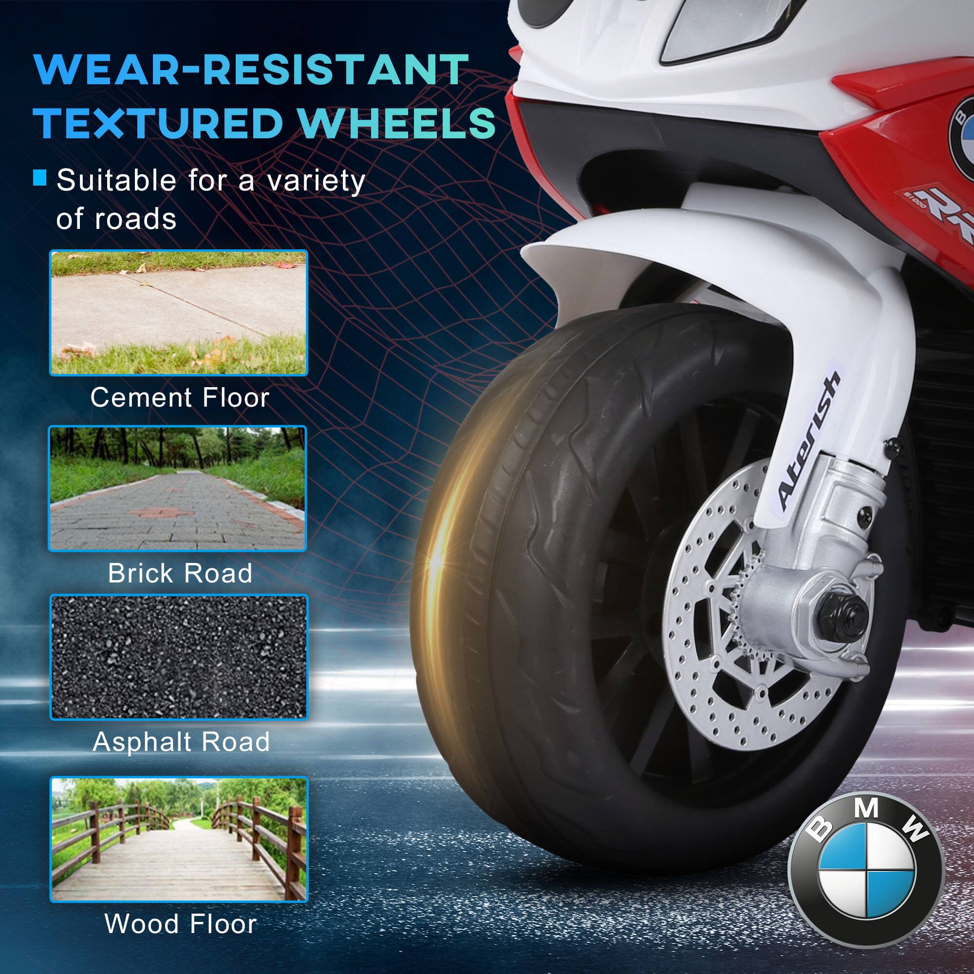 WEAR-RESISTANT TEXTURED WHEELS  
Suitable for a variety of roads  

- Cement Floor  
- Brick Road  
- Asphalt Road  
- Wood Floor