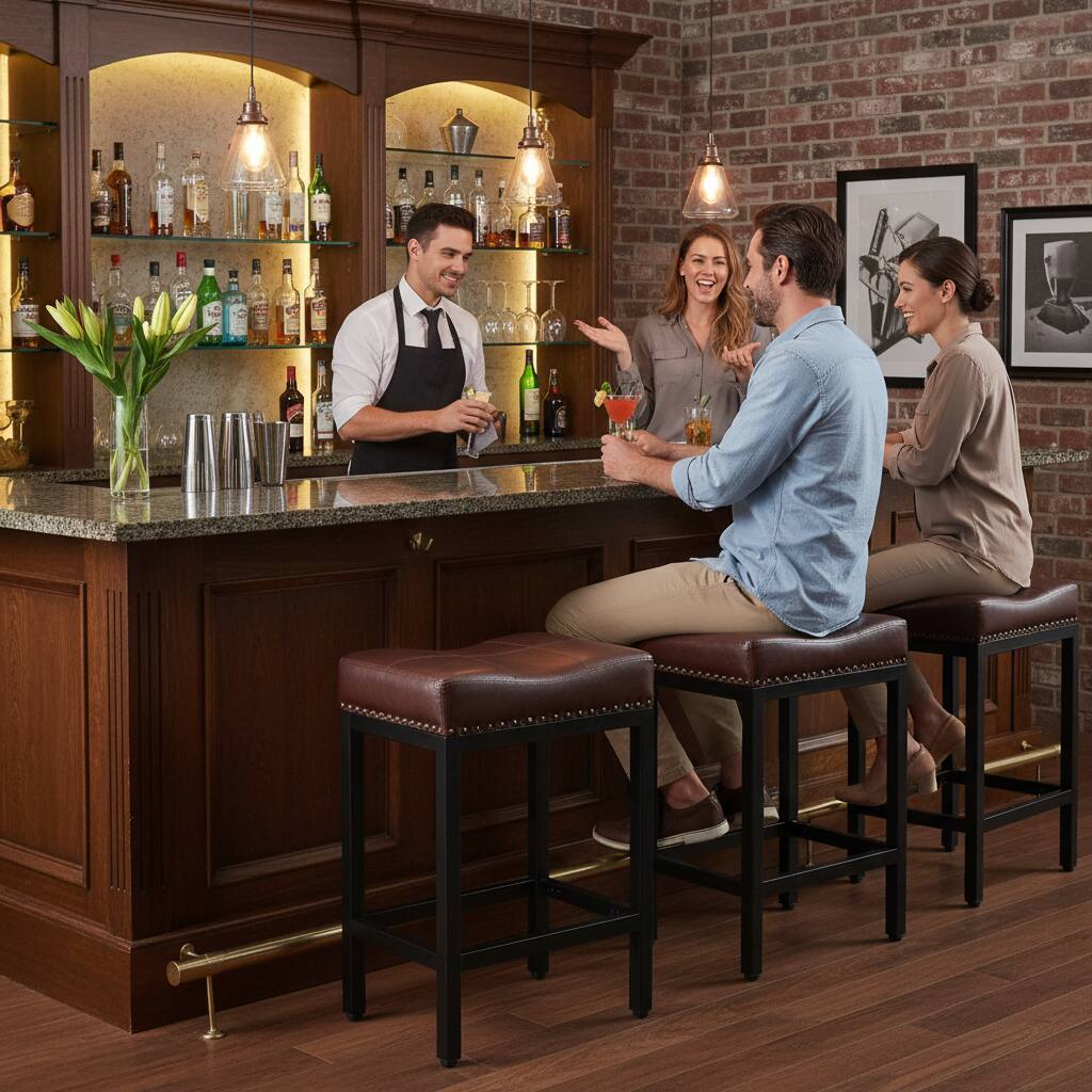 Alt View 6. AOITUN - Saddle Bar Stools Set of 2, 24 Inch Upholstered Kitchen Stools, Backless Metal Chairs for Island - Brown.