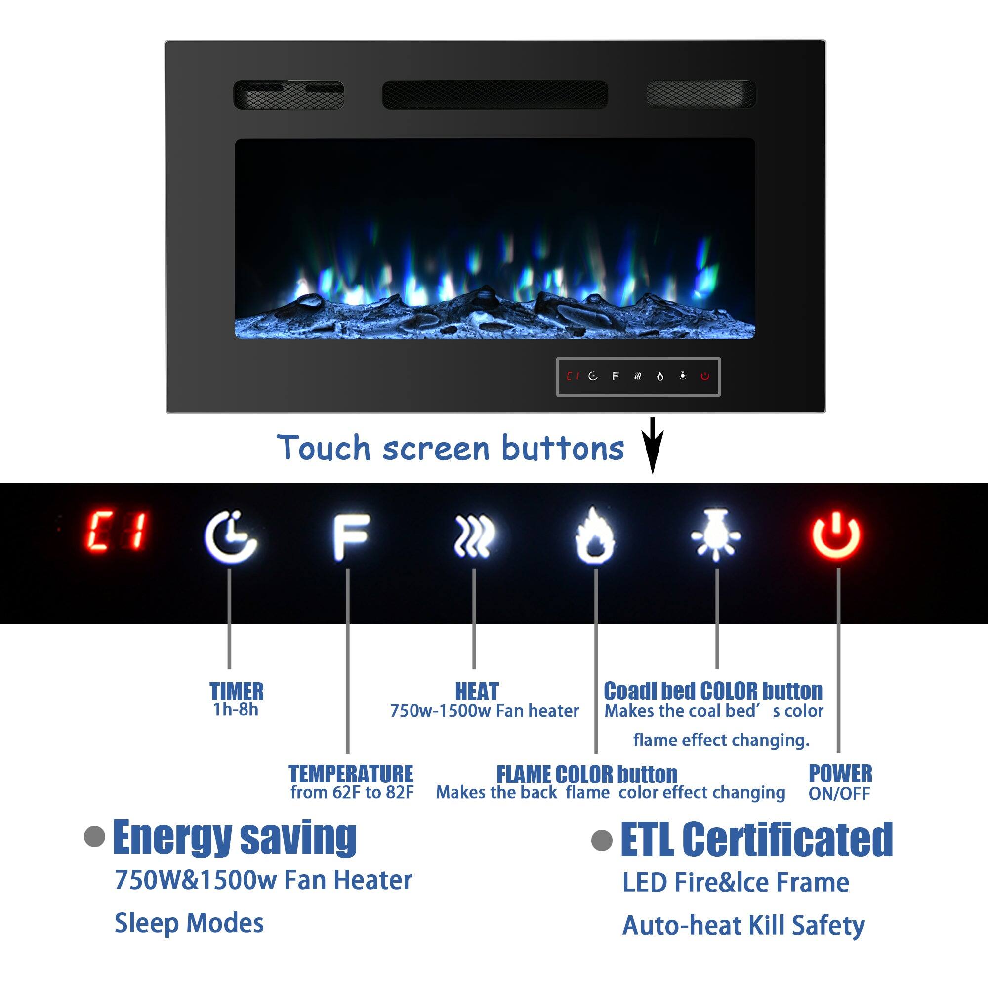 Touch screen buttons
E1
TIMER
1h-8h
HEAT
750w-1500w Fan heater
Coadl bed COLOR button
Makes the coal bed's color flame effect changing
TEMPERATURE
FLAME COLOR button
from 62F to 82F
POWER
ON/OFF
Energy saving
ETL Certificated
750W&1500w Fan Heater
LED Fire&Ice Frame
Sleep Modes
Auto-heat Kill Safety