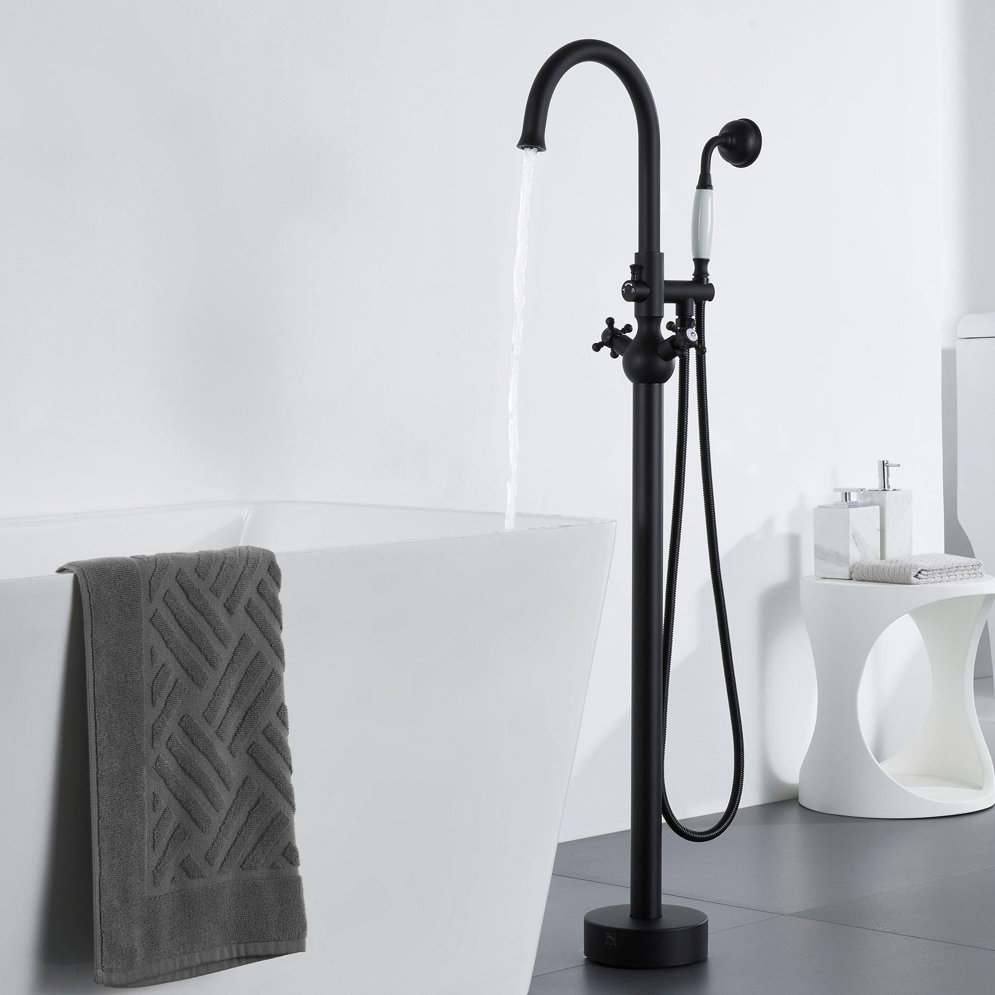 Alt View 3. Boyel Living - Classic Vintage Floor Mount 3-Handle Freestanding Tub Faucet with Hand Shower and Water Supply Hoses in Matte Black - Matte Black.