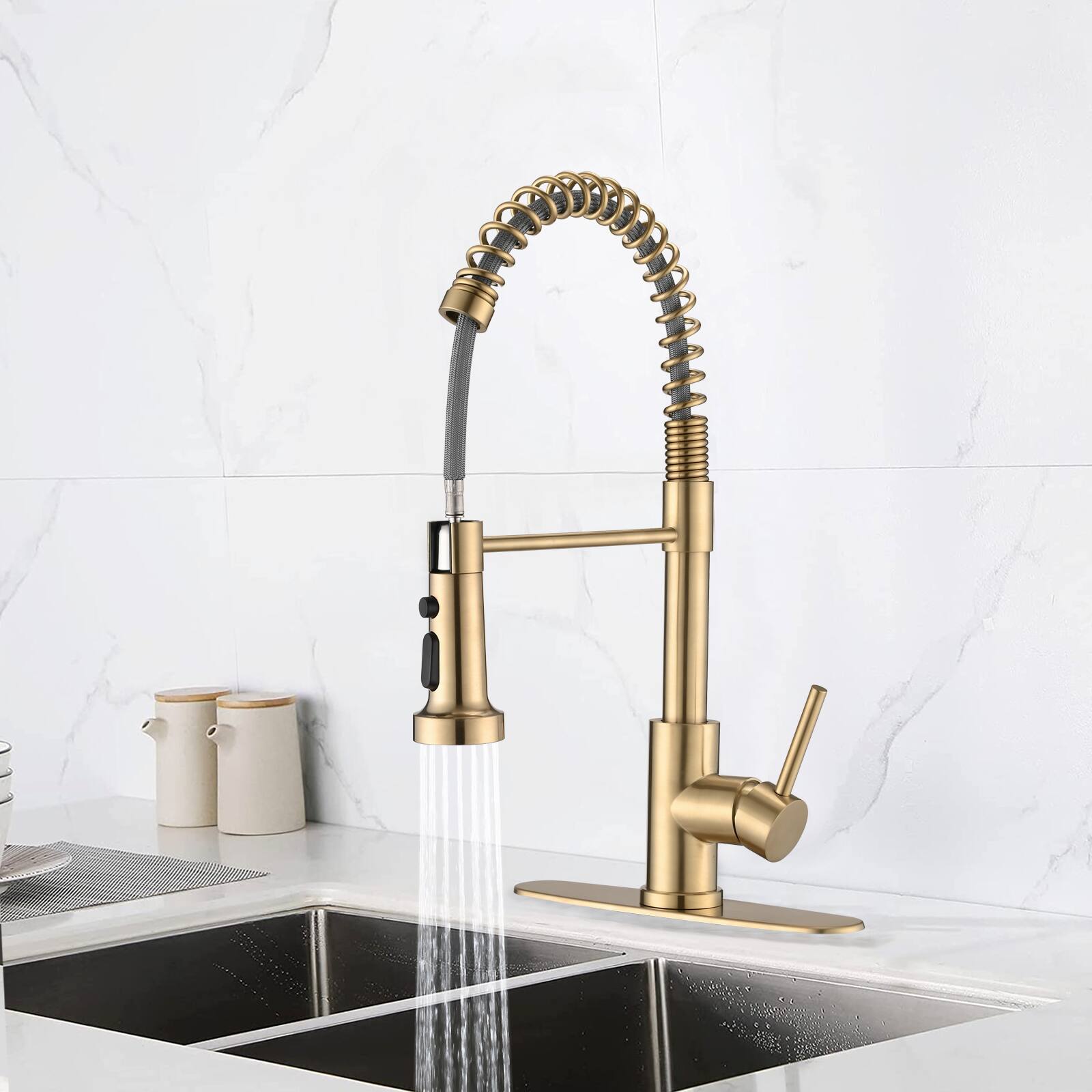 Back. Siljoy - Pull Down Sprayer Spring Kitchen Sink Faucet Brushed Gold - Brushed Gold.