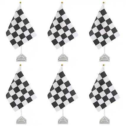 Front. Unique Bargains - 6pcs 12" B/W Checkered Table Flag for Racing/Sport Party, White Plastic Stick & Silver Square Base - Black and White Flag, Silver Base.