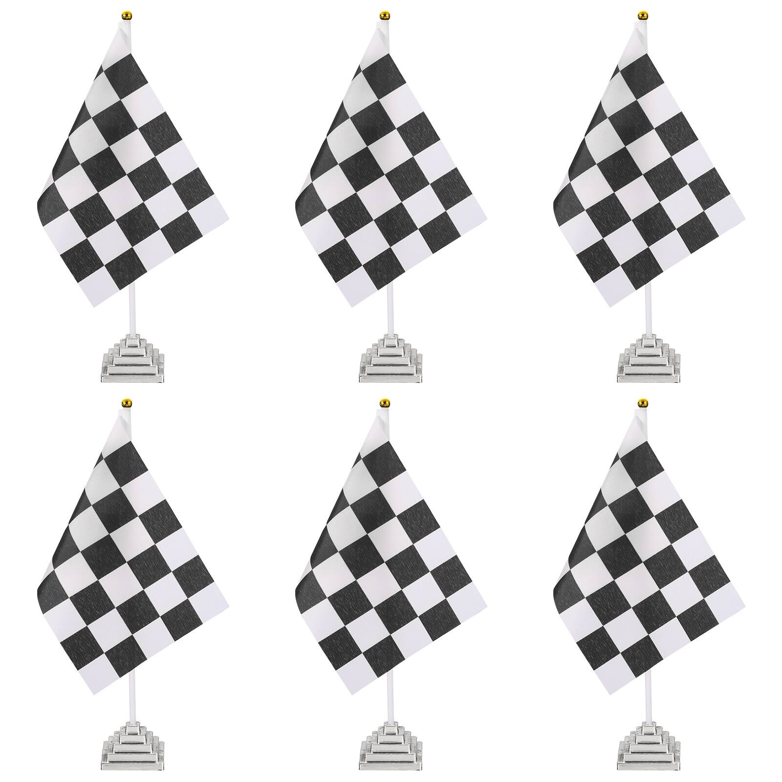 Front. Unique Bargains - 6pcs 12" B/W Checkered Table Flag for Racing/Sport Party, White Plastic Stick & Silver Square Base - Black and White Flag, Silver Base.