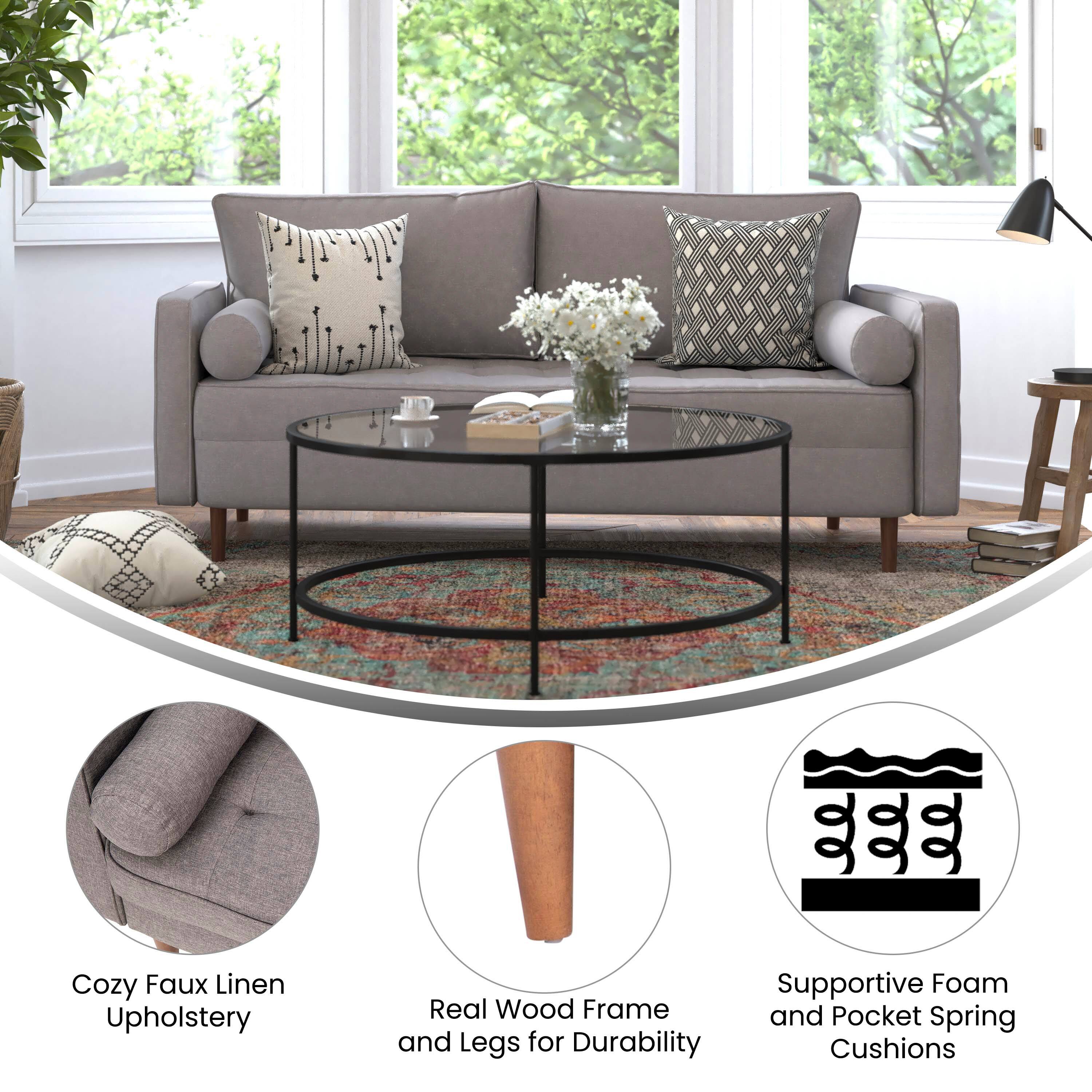 Cozy Faux Linen Upholstery  
Supportive Foam and Pocket Spring Cushions  
Real Wood Frame and Legs for Durability