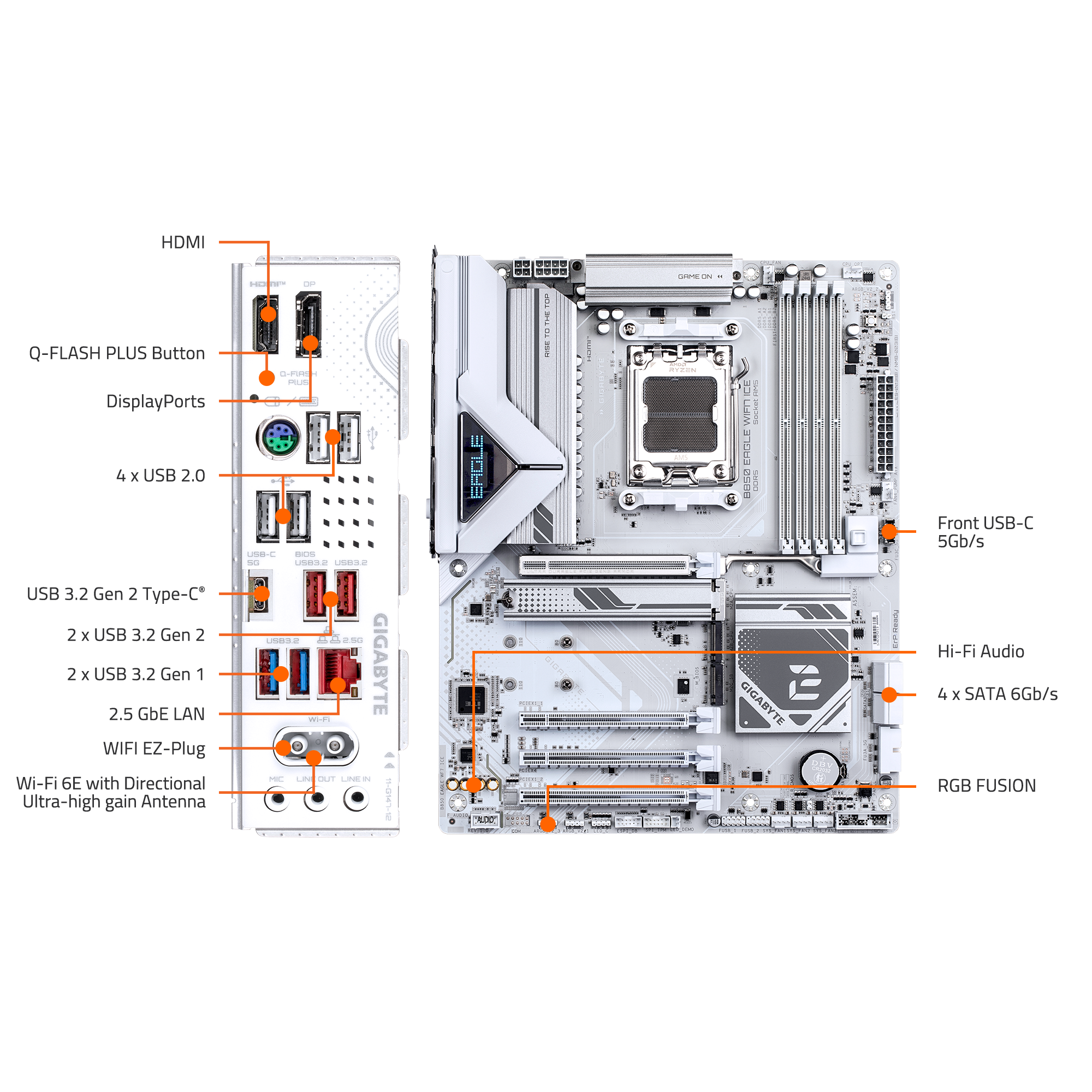 - HDMI
- Q-FLASH PLUS Button
- DisplayPorts
- 4 x USB 2.0
- USB 3.2 Gen 2 Type-C
- 2 x USB 3.2 Gen 2
- 2 x USB 3.2 Gen 1
- 2.5 GbE LAN
- WIFI EZ-Plug
- Wi-Fi 6E with Directional Ultra-high gain Antenna
- Front USB-C 5Gb/s
- Hi-Fi Audio
- 4 x SATA 6Gb/s
- RGB FUSION