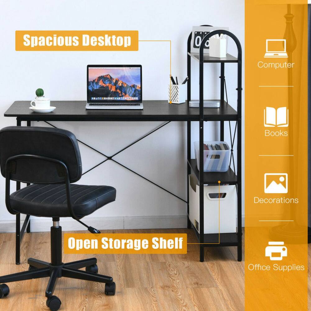 Spacious Desktop  
Open Storage Shelf  
Computer  
Books  
Decorations  
Office Supplies