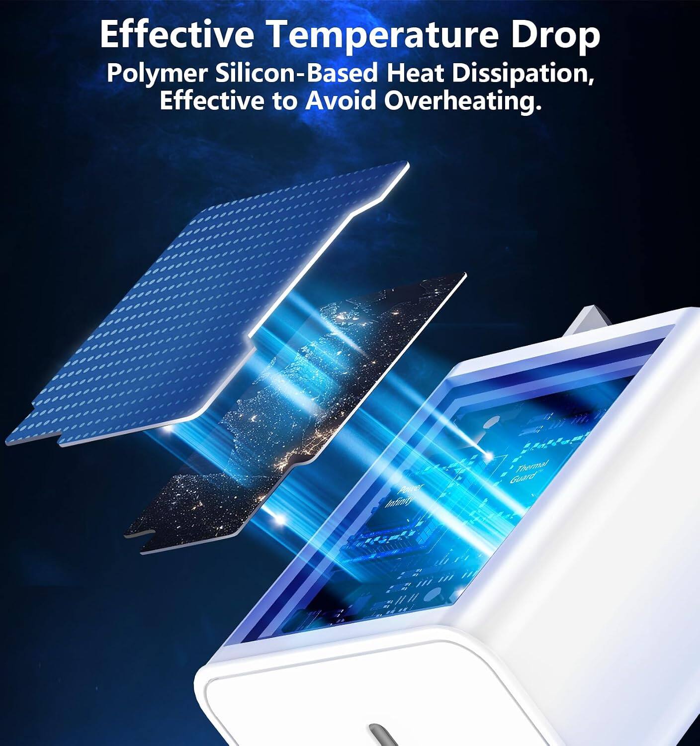 Effective Temperature Drop  
Polymer Silicon-Based Heat Dissipation, Effective to Avoid Overheating.  

Infunoly  
Thermal Guard