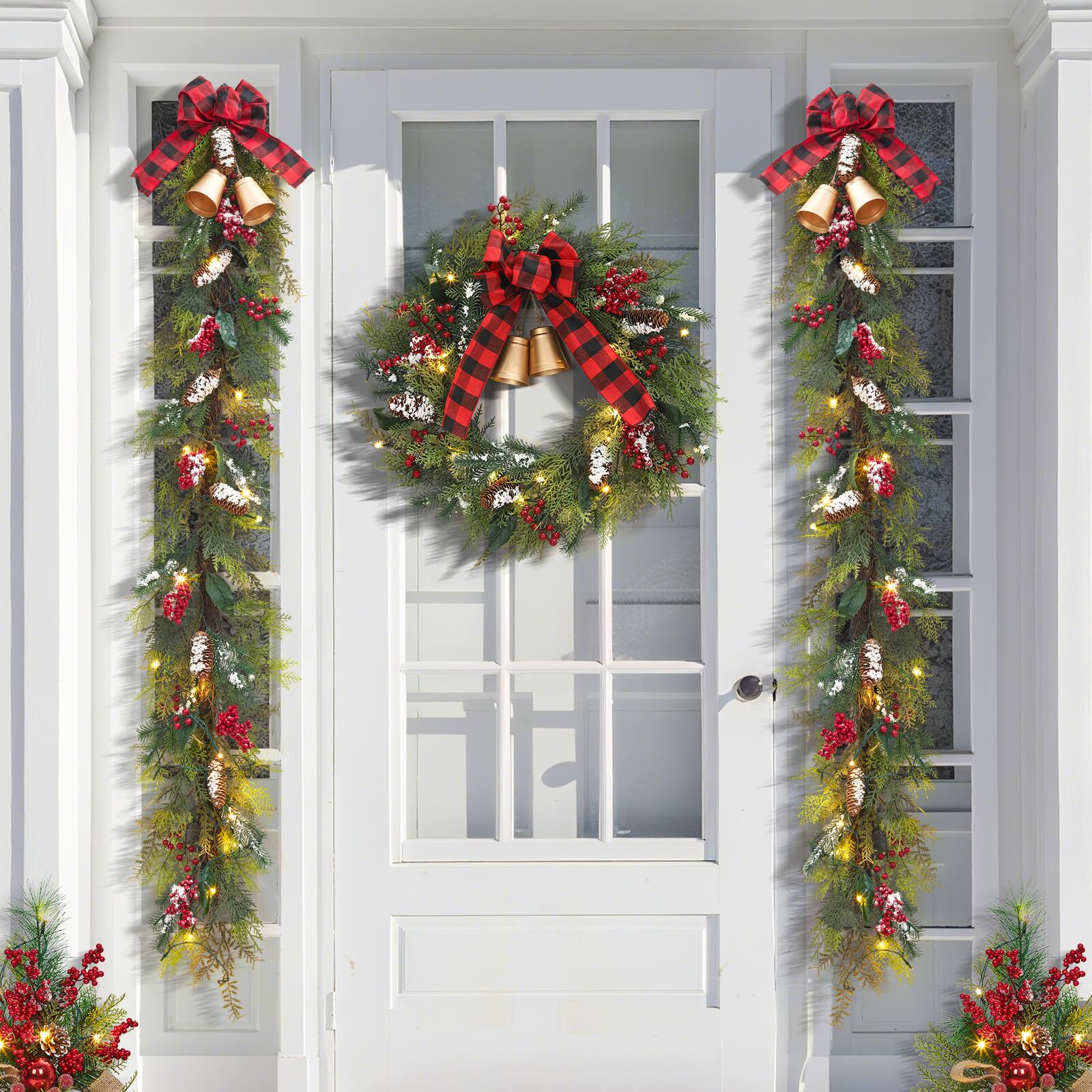 Angle. Acekool - 6 Ft Prelit Christmas Garlands Light Up Artificial Garland with 20 Led Lights for Mantle Staircase - Red and Green.