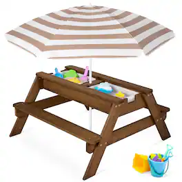 Best Choice Products - Kids 3-in-1 Outdoor Convertible Activity Sand & Water Picnic Table w/ Umbrella - Walnut/Beige