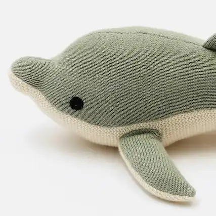 Front. Siljoy - Knitted Stuffed Dolphin Soft Toy, Hand-Knitted, Cotton, Lightweight, Easy-Carry Gift for Kids - Green.
