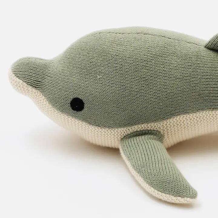 Front. Siljoy - Knitted Stuffed Dolphin Soft Toy, Hand-Knitted, Cotton, Lightweight, Easy-Carry Gift for Kids - Green.