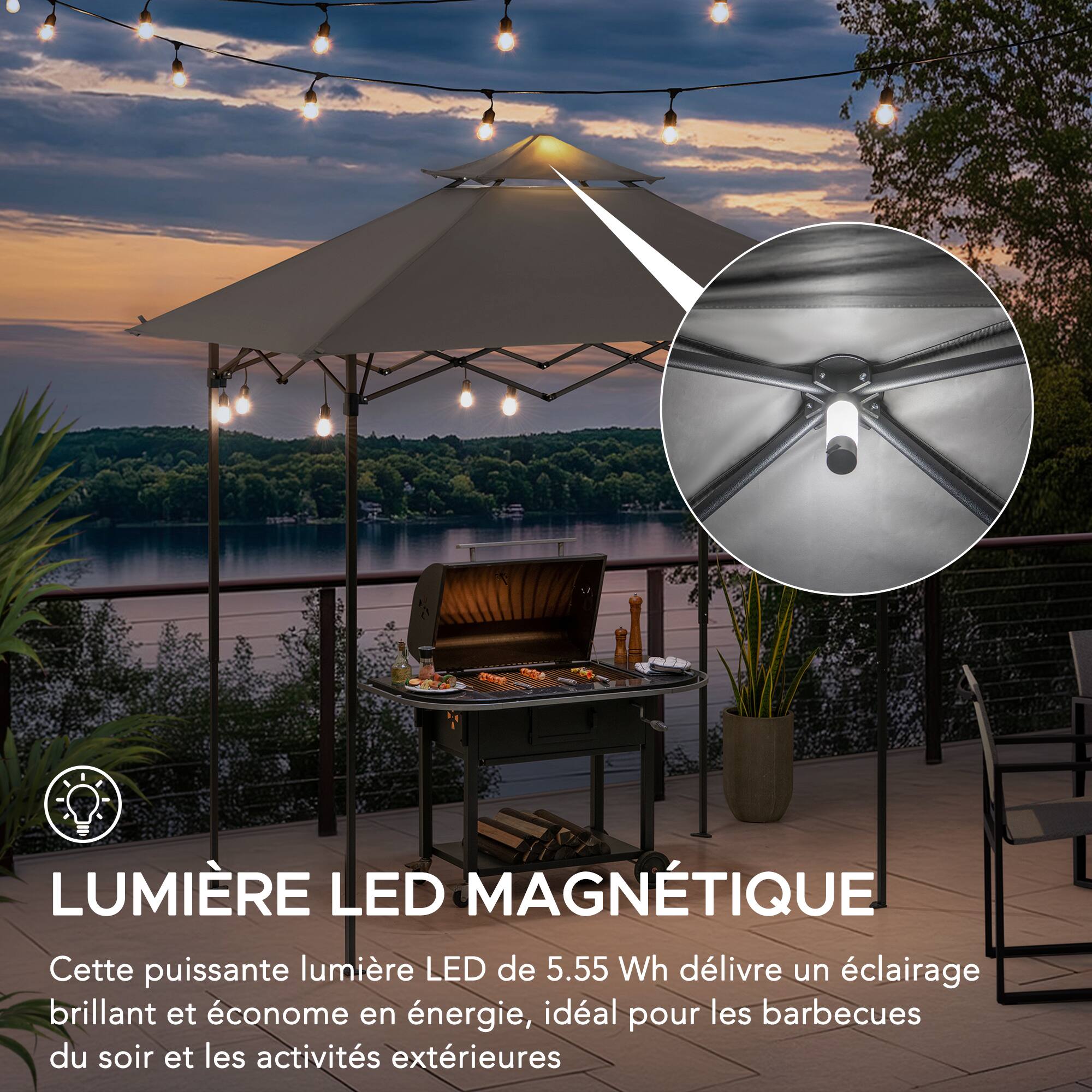 LUMIÈRE LED MAGNÉTIQUE  
Cette puissante lumière LED de 5.55 Wh délivre un éclairage brillant et économe en énergie, idéal pour les barbecues du soir et les activités extérieures