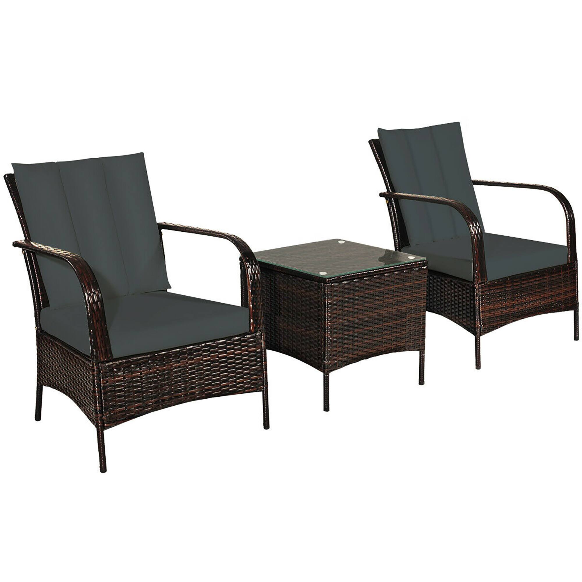 Left. Costway - 3 PCS Patio Wicker Rattan Furniture Set Coffee Table & 2 Rattan Chair W/Cushions - Dark Gray.