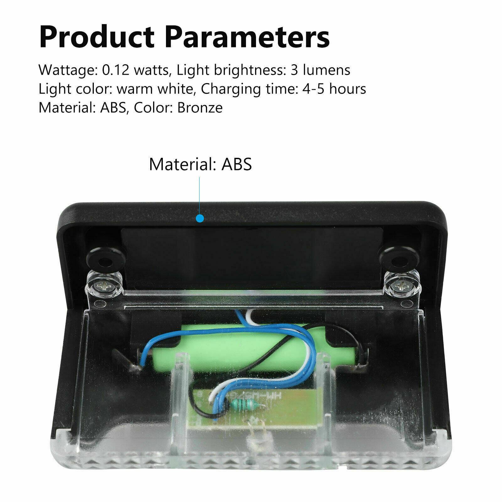 Product Parameters

Wattage: 0.12 watts, Light brightness: 3 lumens  
Light color: warm white, Charging time: 4-5 hours  
Material: ABS, Color: Bronze