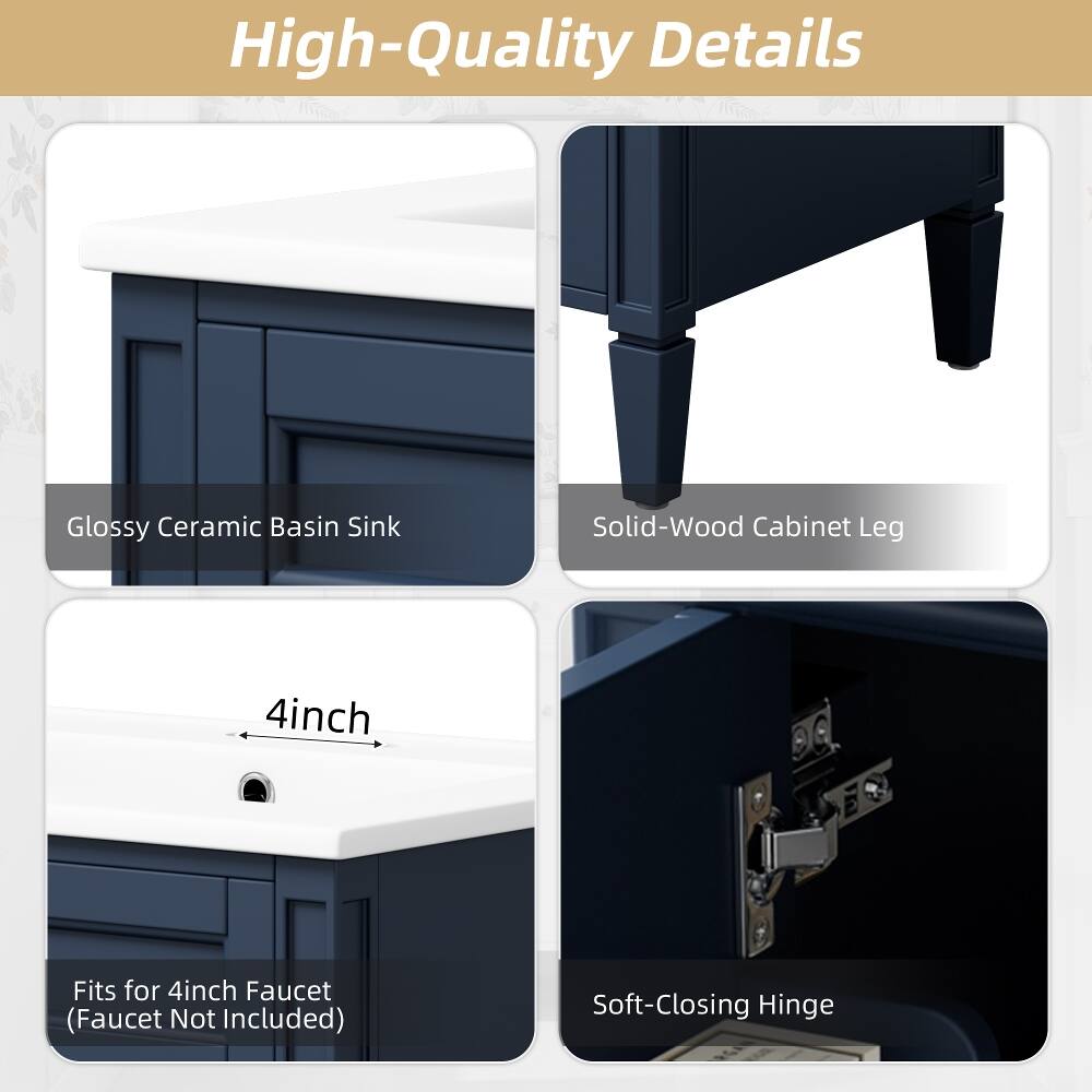 High-Quality Details

- Glossy Ceramic Basin Sink
- Solid-Wood Cabinet Leg
- 4inch
- Fits for 4inch Faucet (Faucet Not Included)
- Soft-Closing Hinge