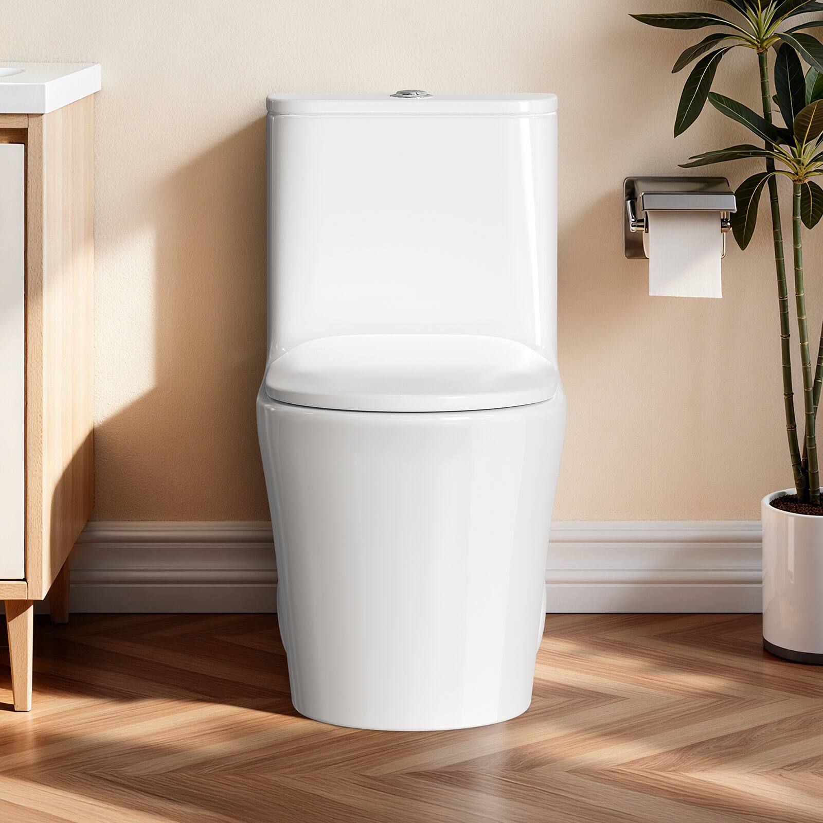 Alt View 8. Koligey - Modern One Piece Toilet With Dual-flush Siphon Jet, 12 Rough In ,Soft-Close Seat & Lid, Minimalist Space-Saving Design - White.