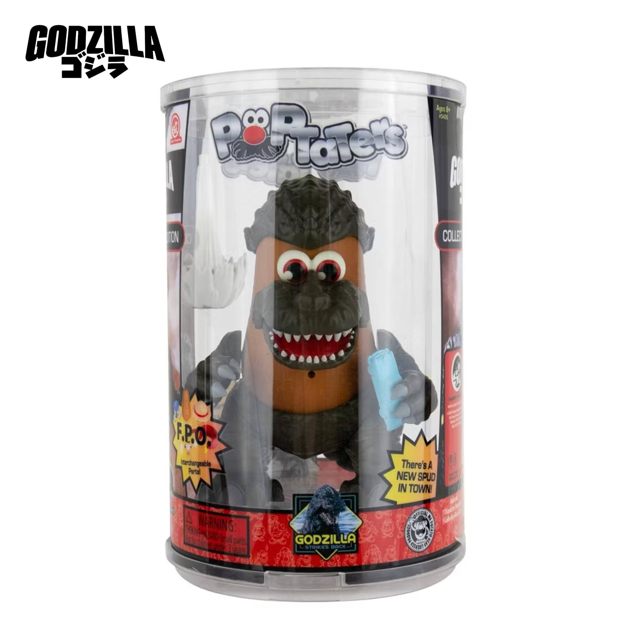 GODZILLA  
GODZILLA STRIKES BACK!  

Popeyes  
There's A NEW SPUD IN TOWN!  

F.P.O.  
Interchangeable Parts  

WARNING:  
CHOKING HAZARD - Small parts. Not for children under 3 years.  

COLLECTIBLE